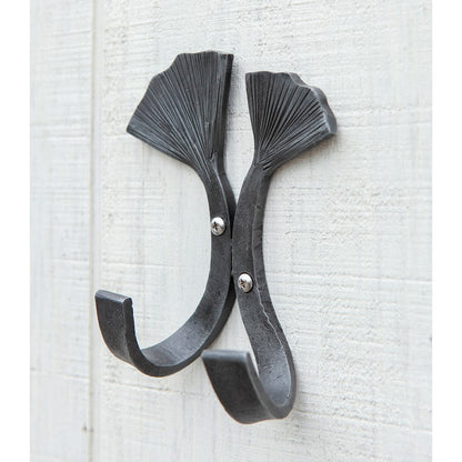 ACHLA Double Ginkgo Leaf Hook | Wrought Iron Black Powdercoat | Entryway & Mudroom Coat & Towel Organizer | 6.5 x 4.5 x 2.75 in | Model SSH-21