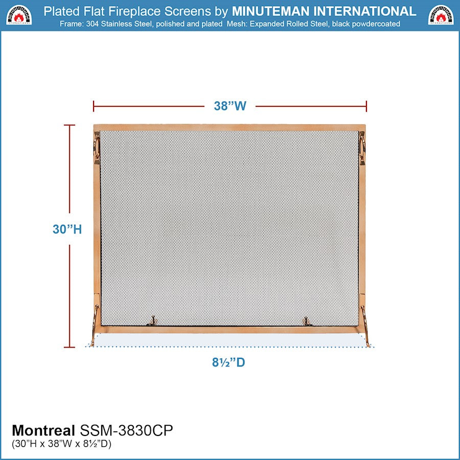 ACHLA Montreal 38x30in Flat Fireplace Screen | Polished Copper Wrought Iron Frame with Black Mesh | Living Room & Hearth Safety | Model SSM-3830CP