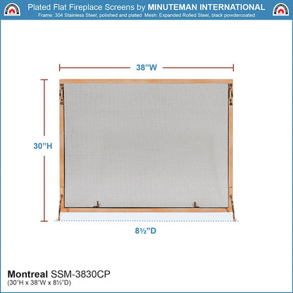 ACHLA Montreal 38x30in Flat Fireplace Screen | Polished Copper Wrought Iron Frame with Black Mesh | Living Room & Hearth Safety | Model SSM-3830CP