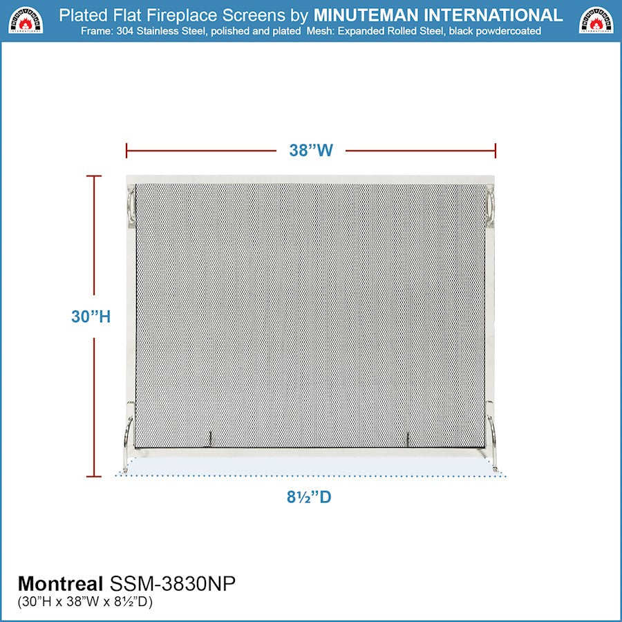 ACHLA Montreal 38x30in Flat Fireplace Screen | Polished Nickel Wrought Iron Frame with Black Mesh | Living Room & Hearth Safety | Model SSM-3830NP