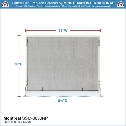 ACHLA Montreal 38x30in Flat Fireplace Screen | Polished Nickel Wrought Iron Frame with Black Mesh | Living Room & Hearth Safety | Model SSM-3830NP