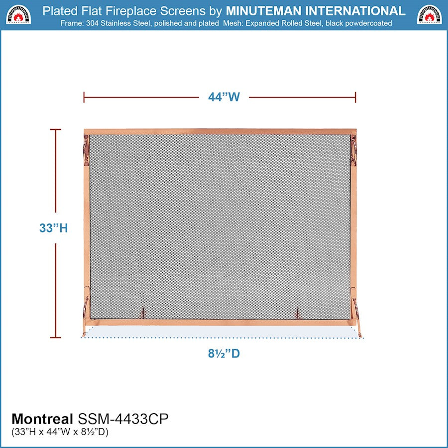 ACHLA Montreal 44x33in Flat Fireplace Screen | Polished Copper Wrought Iron Frame with Black Mesh | Living Room & Hearth Safety | Model SSM-4433CP