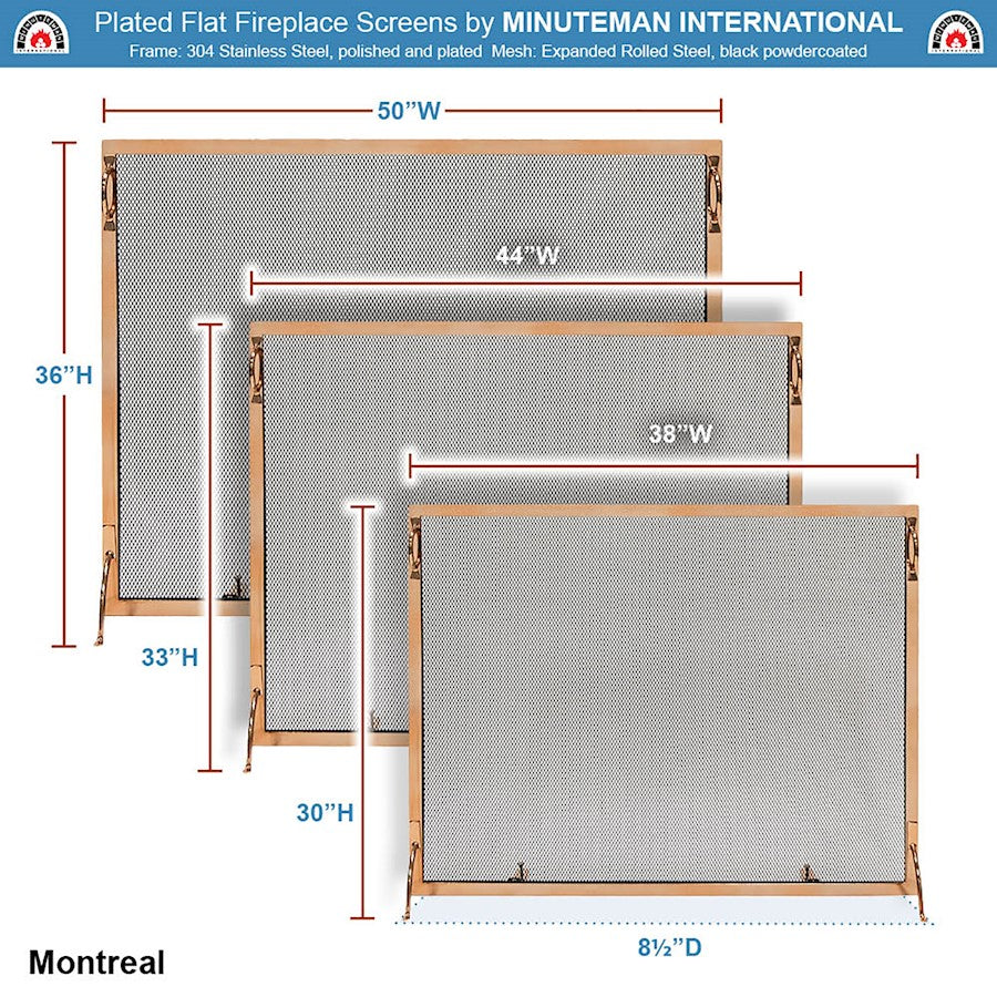 ACHLA Montreal 44x33in Flat Fireplace Screen | Polished Copper Wrought Iron Frame with Black Mesh | Living Room & Hearth Safety | Model SSM-4433CP