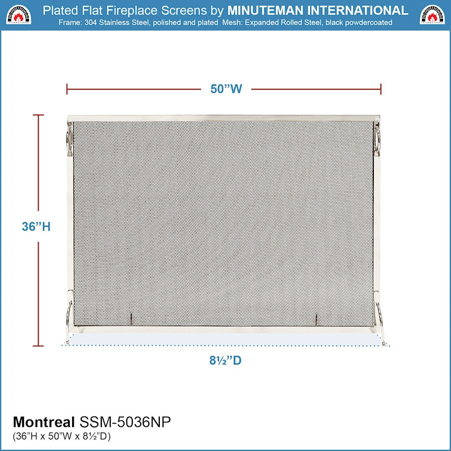 ACHLA Montreal 50x36in Flat Fireplace Screen | Polished Nickel Wrought Iron Frame with Black Mesh | Living Room & Hearth Safety | Model SSM-5036NP