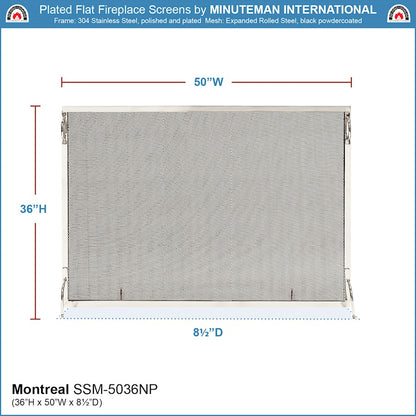 ACHLA Montreal 50x36in Flat Fireplace Screen | Polished Nickel Wrought Iron Frame with Black Mesh | Living Room & Hearth Safety | Model SSM-5036NP