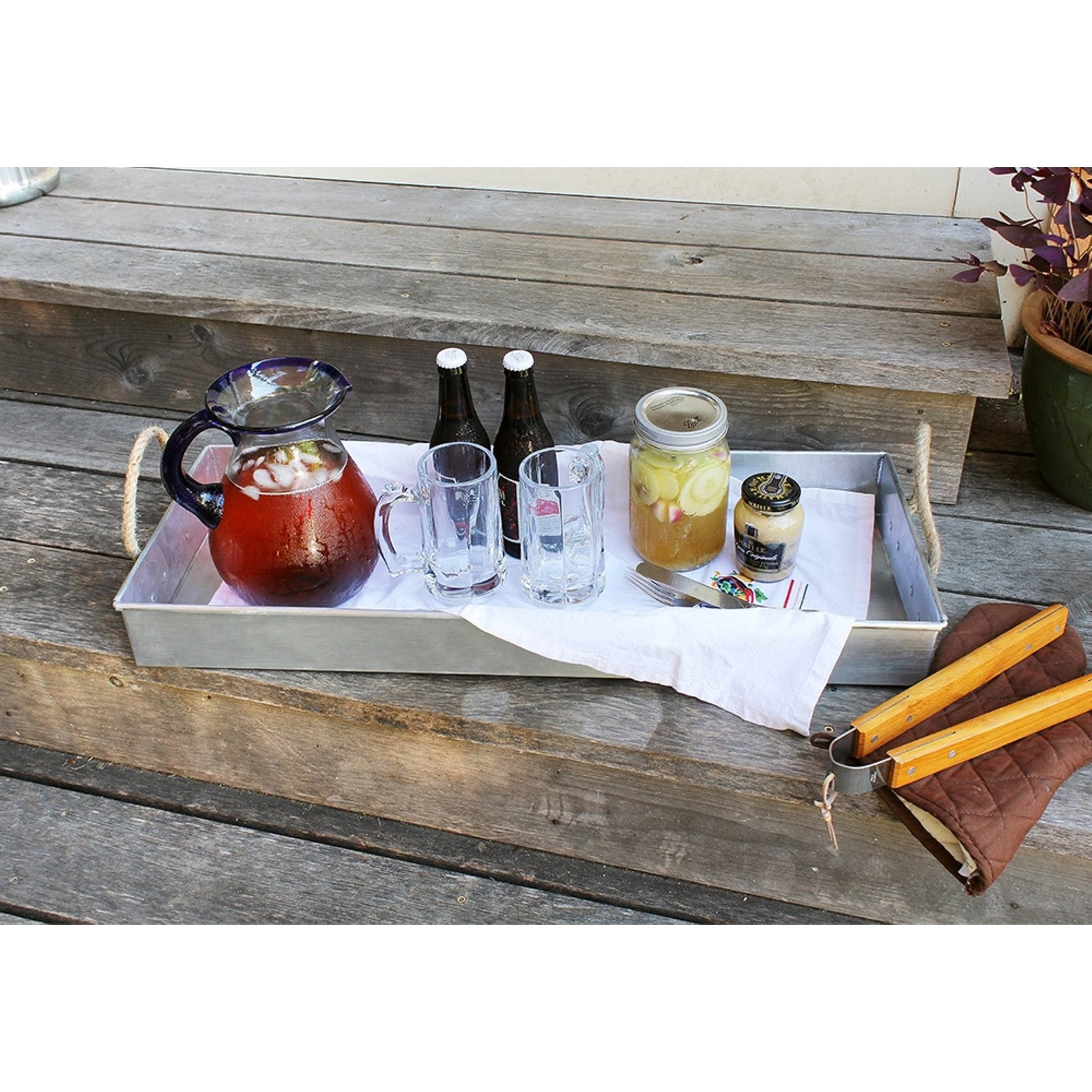 ACHLA Large Tray 28in | Galvanized Steel with Coir Rope Handles | Kitchen, Pantry & Patio Serving & Storage | 28 x 10 x 3 in | Model TRY-08