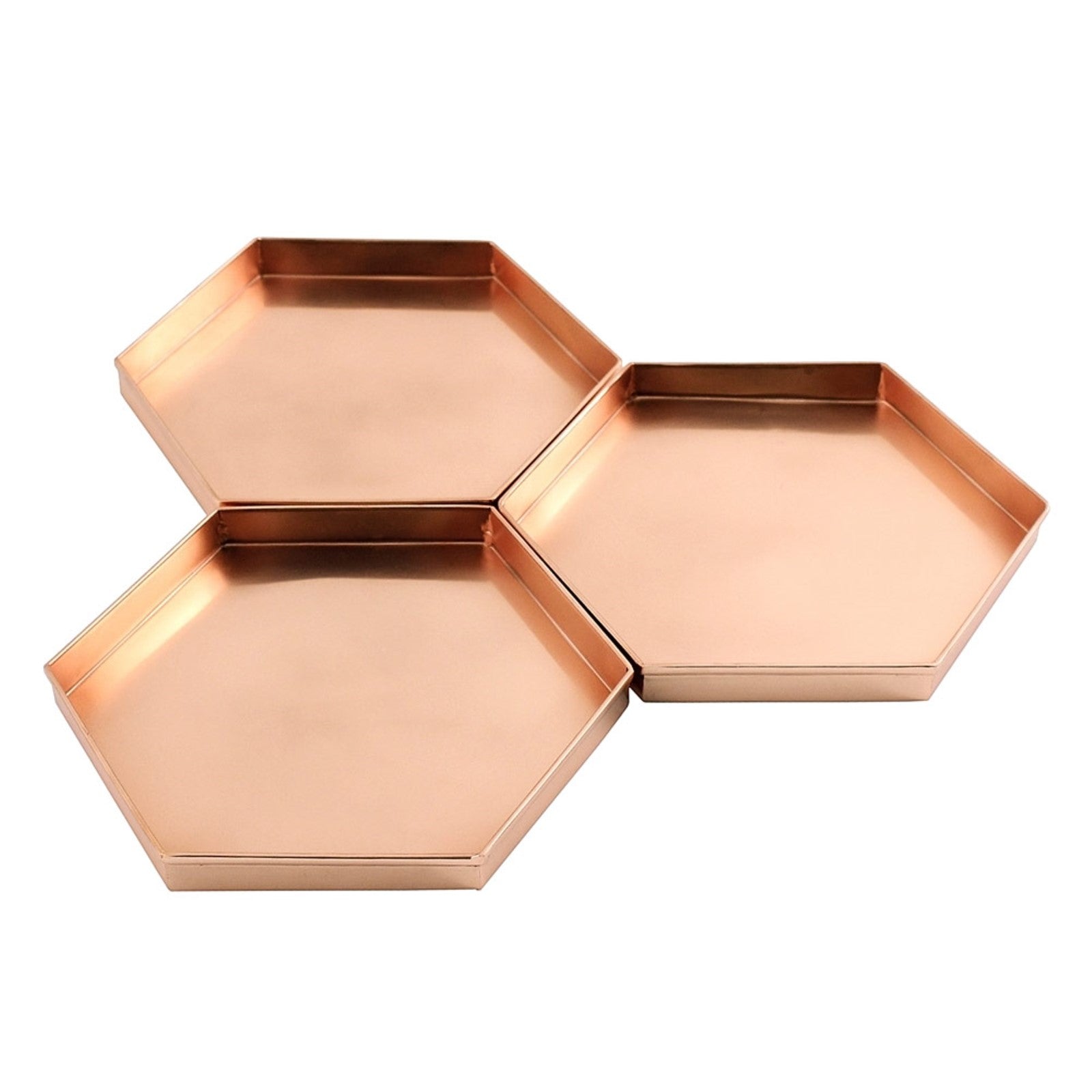 ACHLA Hexagonal Trays Set of 3 | Copper Plated Stainless Steel | Serving & Plant Tray for Kitchen, Coffee Table & Patio | 9 x 8 x 1 in | Model TRY-H9