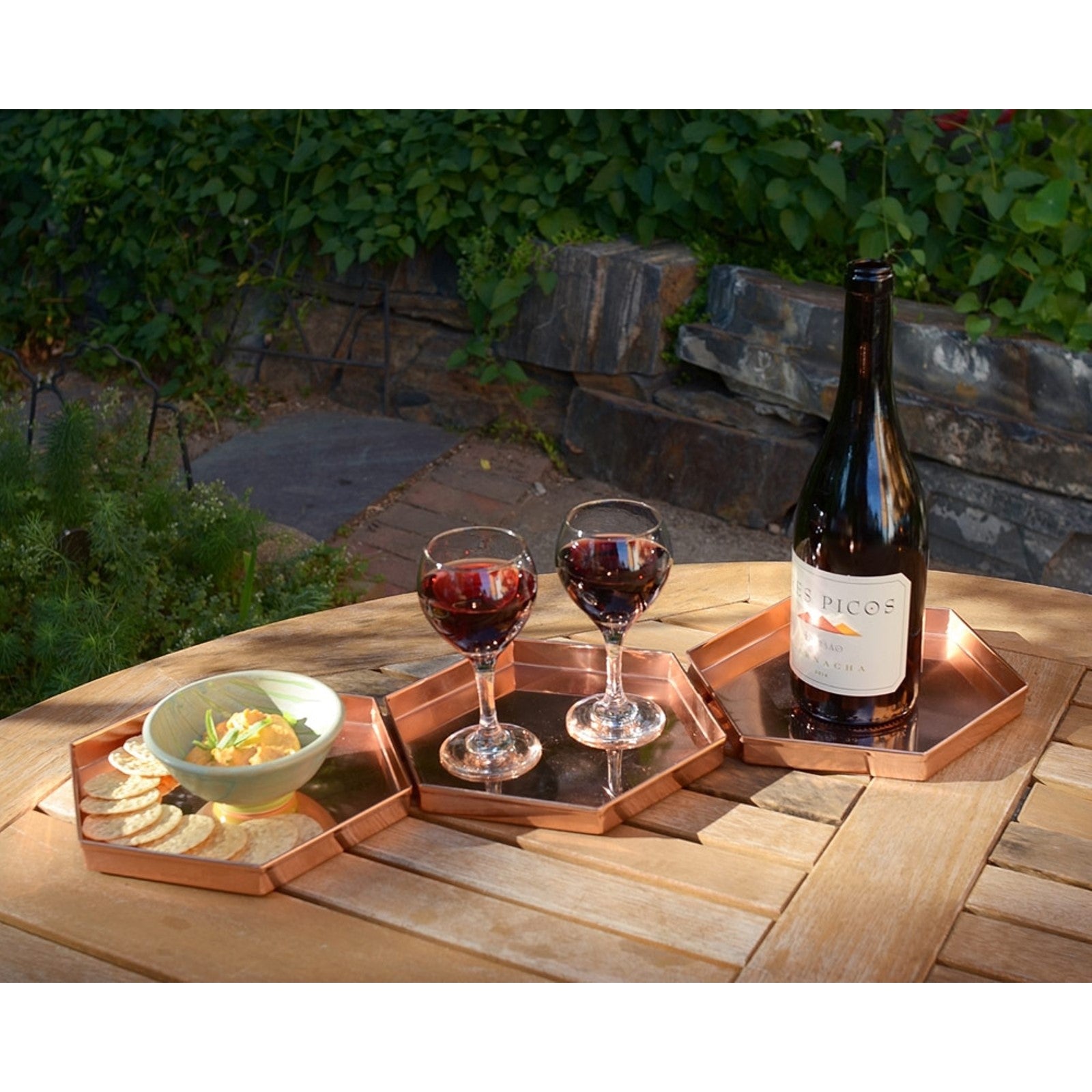 ACHLA Hexagonal Trays Set of 3 | Copper Plated Stainless Steel | Serving & Plant Tray for Kitchen, Coffee Table & Patio | 9 x 8 x 1 in | Model TRY-H9