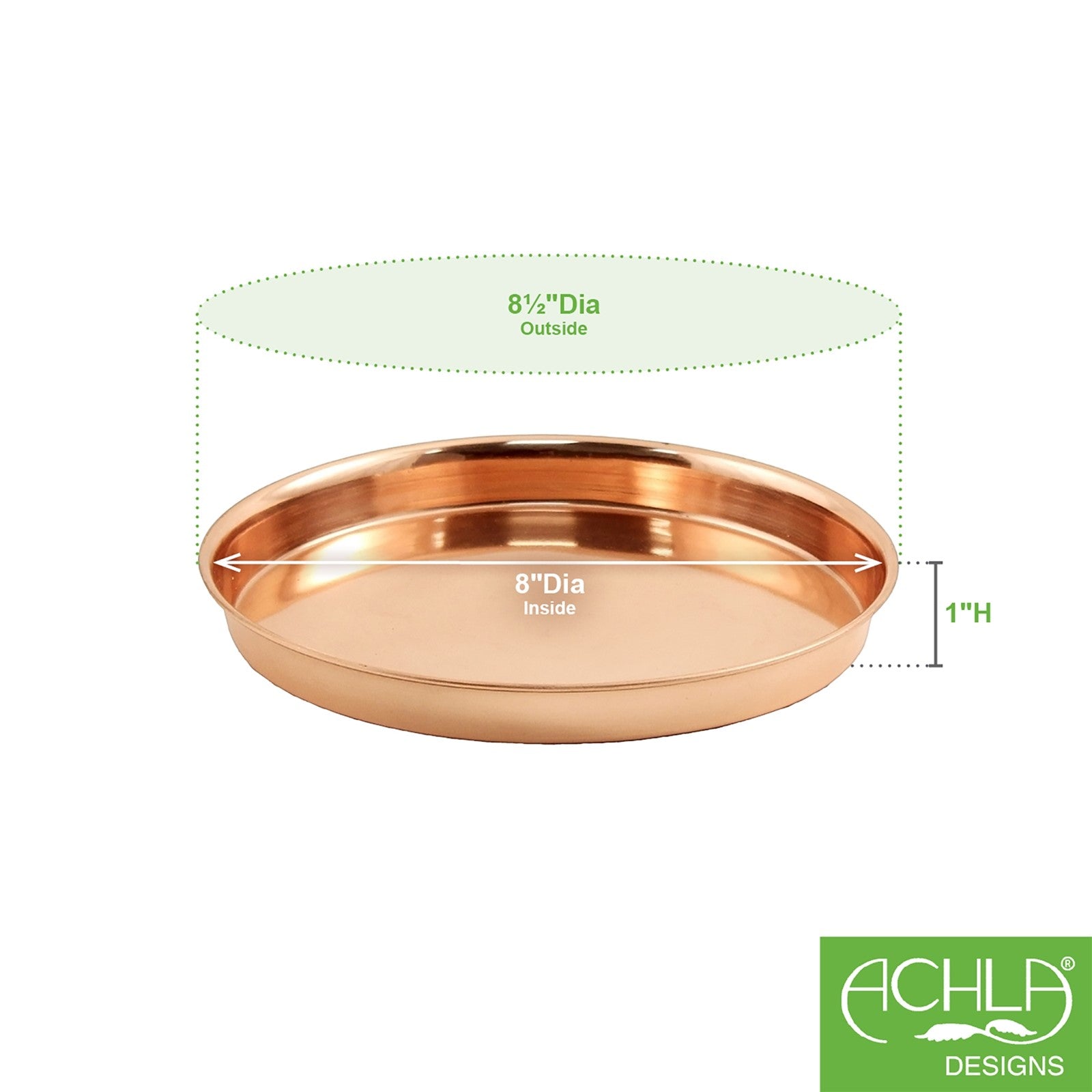 ACHLA 8in Round Copper Trays, Set of 2 | Copper Plated Stainless Steel | Serving, Decor & Plant Tray | 8.5 x 8.5 x 1 in | Model TRY-R8