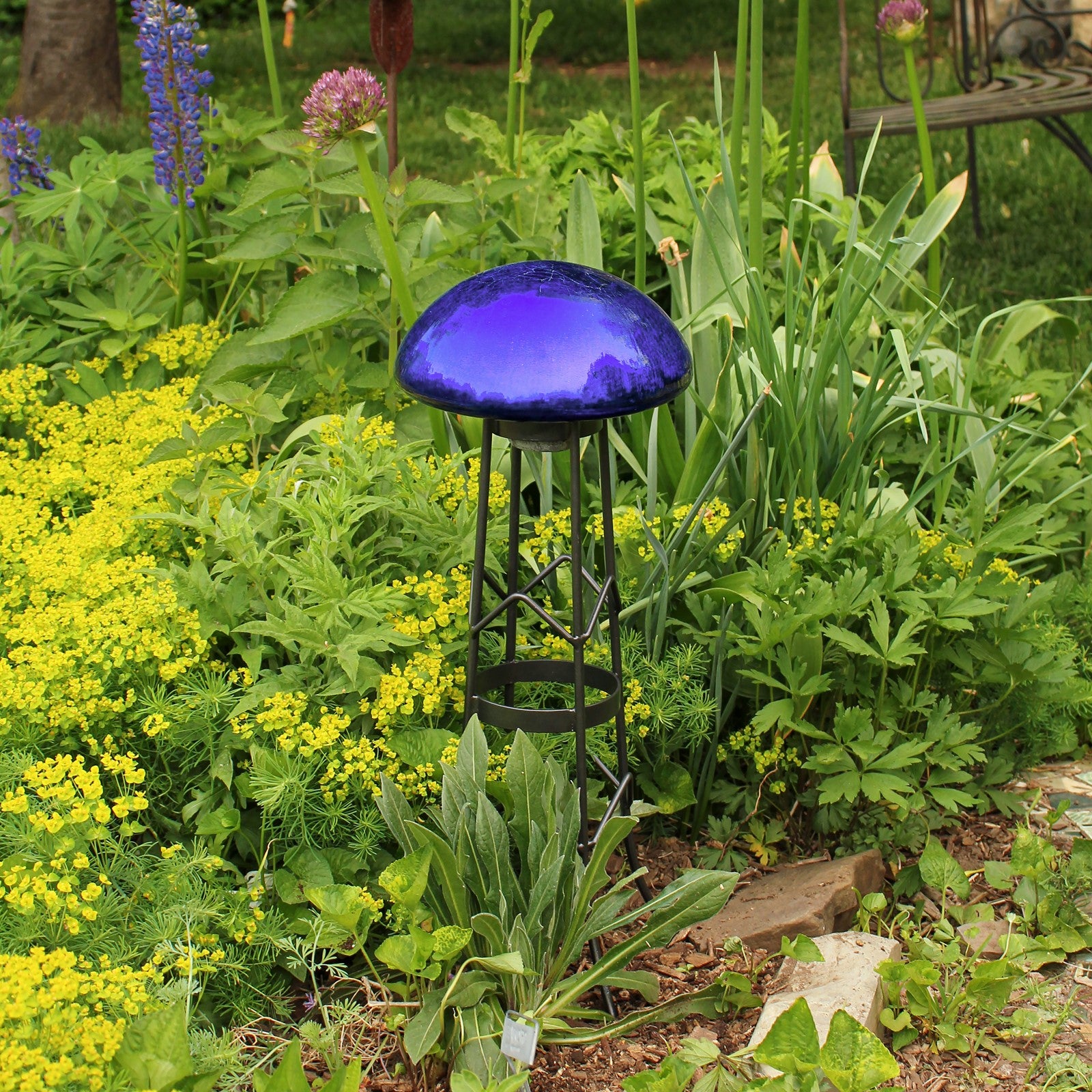 ACHLA Toad Stool Blue Crackle Glass | Hand Blown Garden Ornament | Patio & Garden Accent | 9 x 9 x 5.5 in | Model TS-BL-C