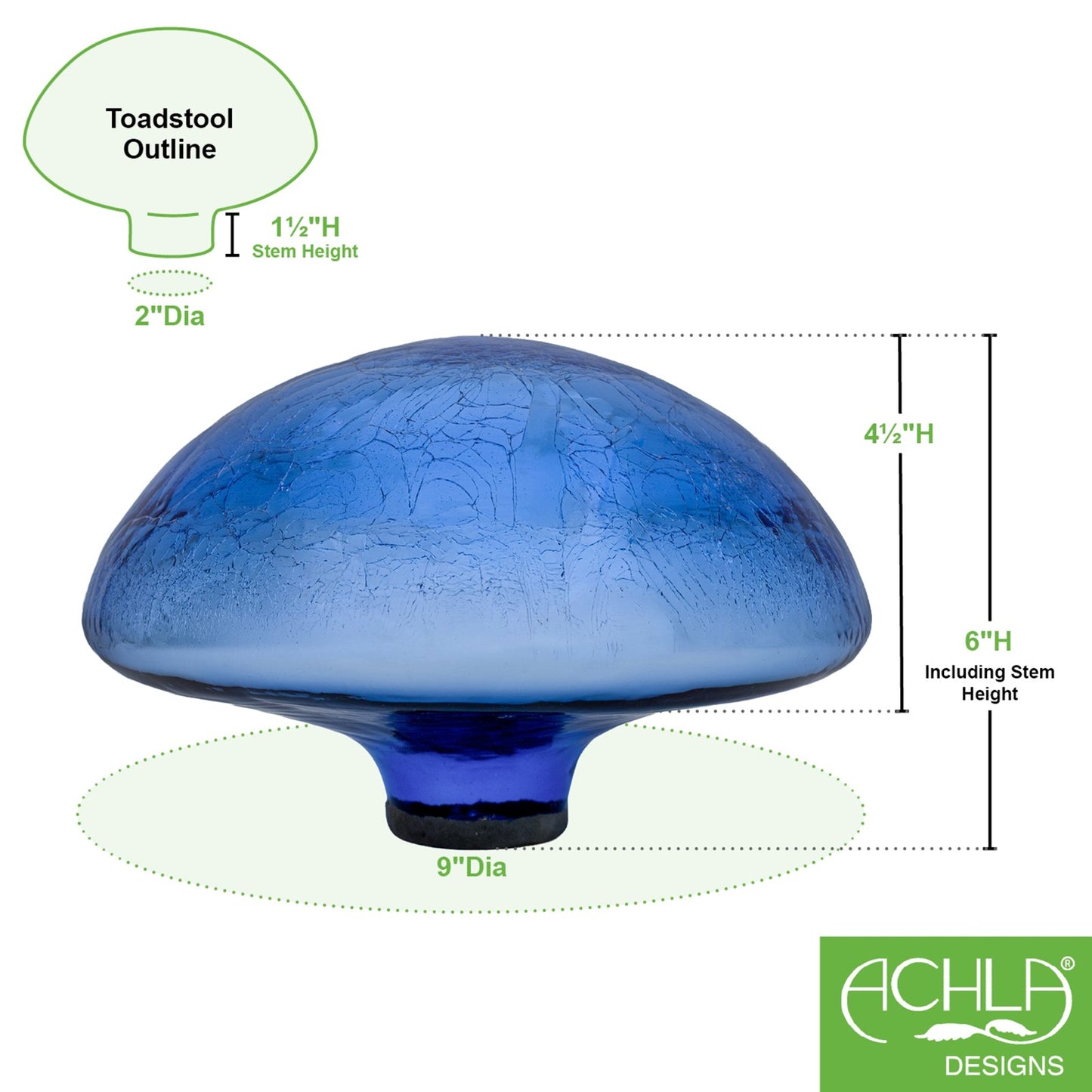 ACHLA Toad Stool Blue Lapis Crackle Glass | Hand-Blown Garden Ornament | Patio & Outdoor Decor | 9 x 9 x 5.5 in | Model TS-BLL-C