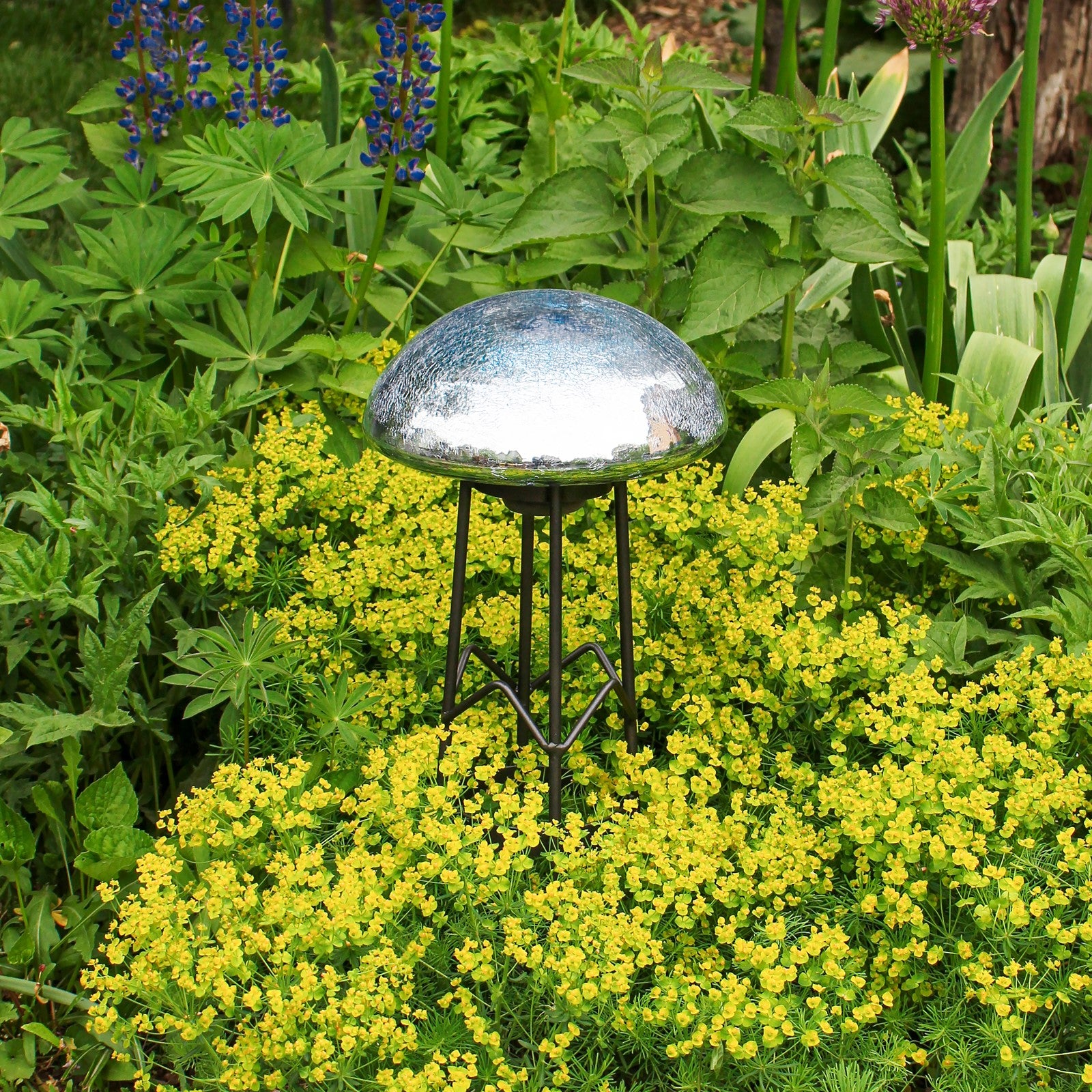 ACHLA Toad Stool Blue Lapis Crackle Glass | Hand-Blown Garden Ornament | Patio & Outdoor Decor | 9 x 9 x 5.5 in | Model TS-BLL-C