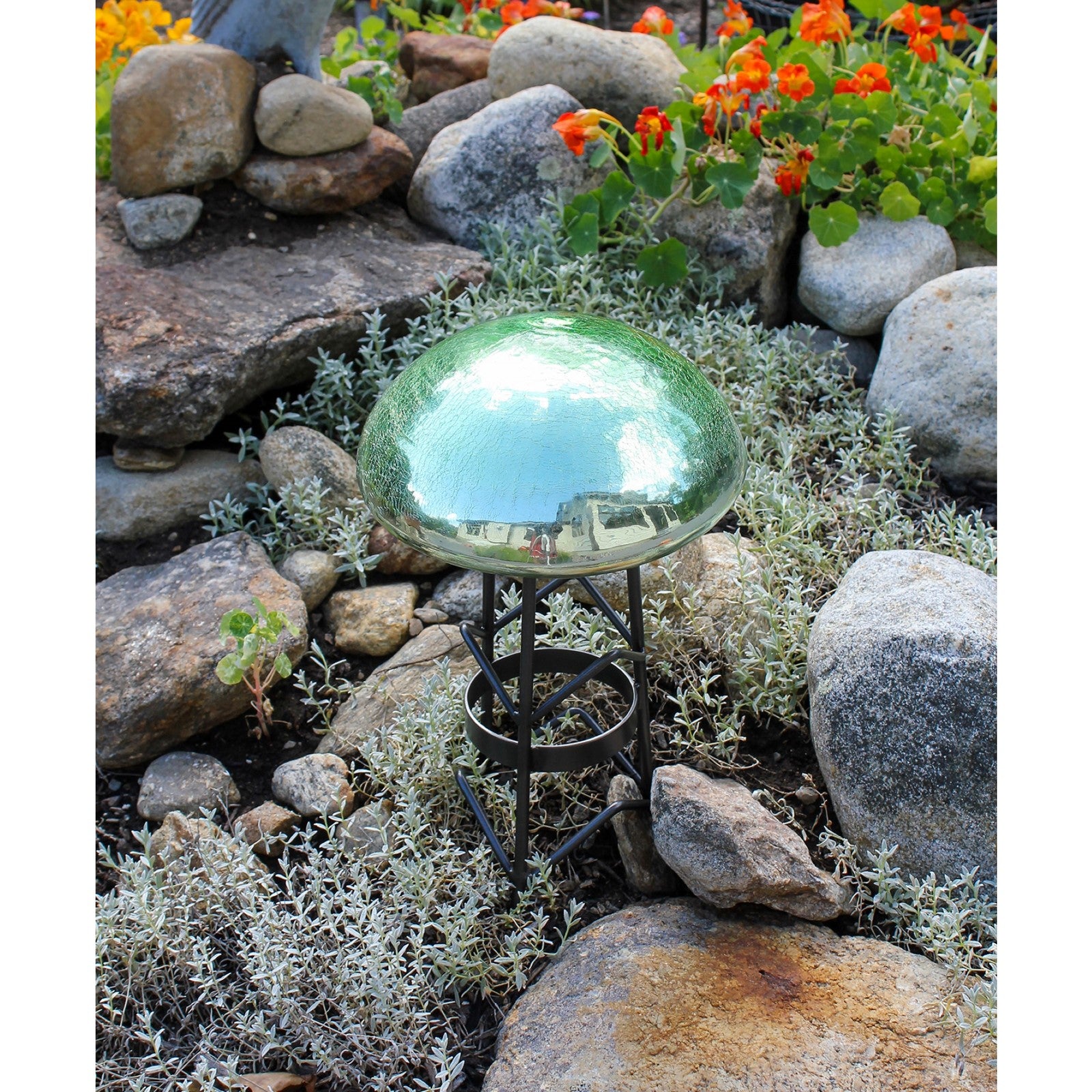 ACHLA Toad Stool Light Green Crackle Glass Garden Ornament | Hand-Blown Crackled Glass | Patio & Garden Accent | 9 x 9 x 5.5 in | Model TS-LG-C