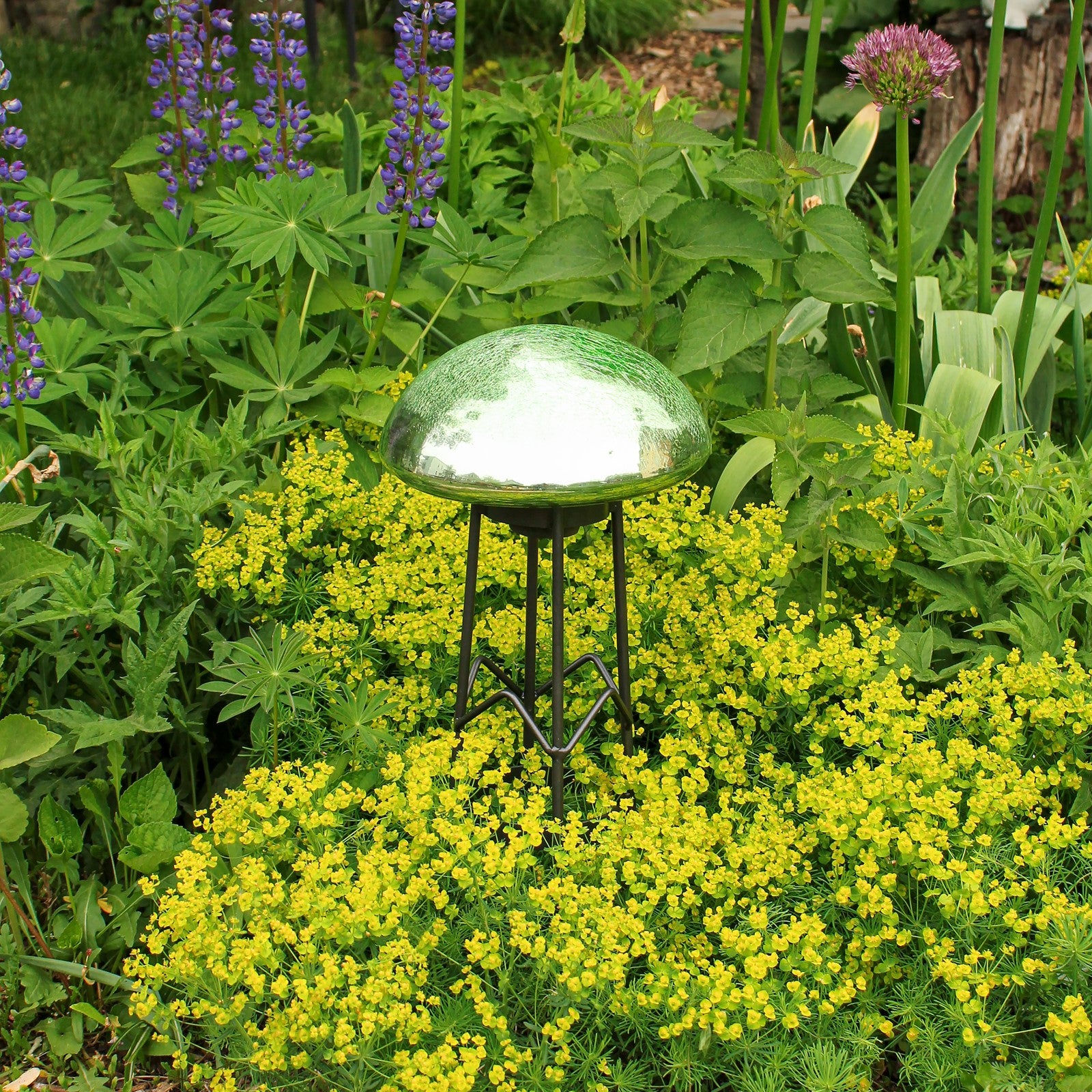 ACHLA Toad Stool Light Green Crackle Glass Garden Ornament | Hand-Blown Crackled Glass | Patio & Garden Accent | 9 x 9 x 5.5 in | Model TS-LG-C