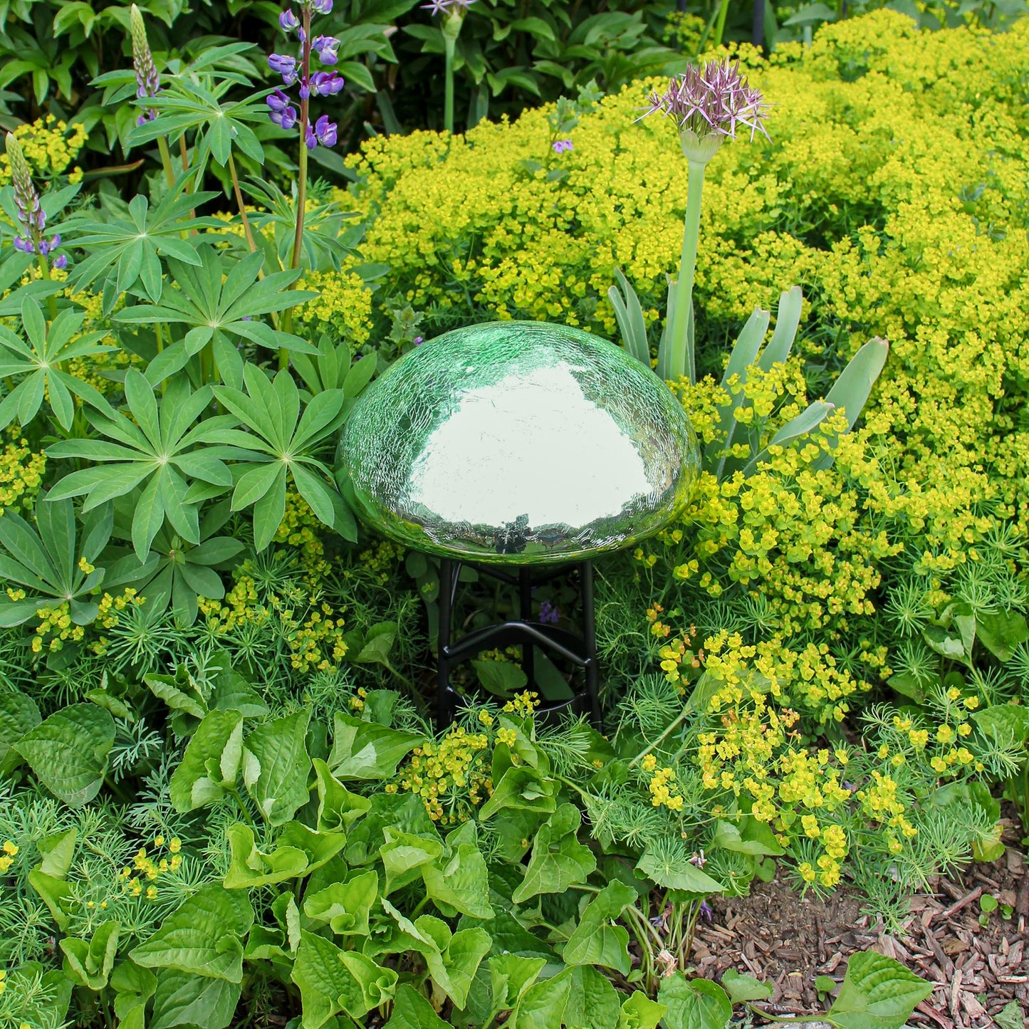 ACHLA Toad Stool Light Green Crackle Glass Garden Ornament | Hand-Blown Crackled Glass | Patio & Garden Accent | 9 x 9 x 5.5 in | Model TS-LG-C