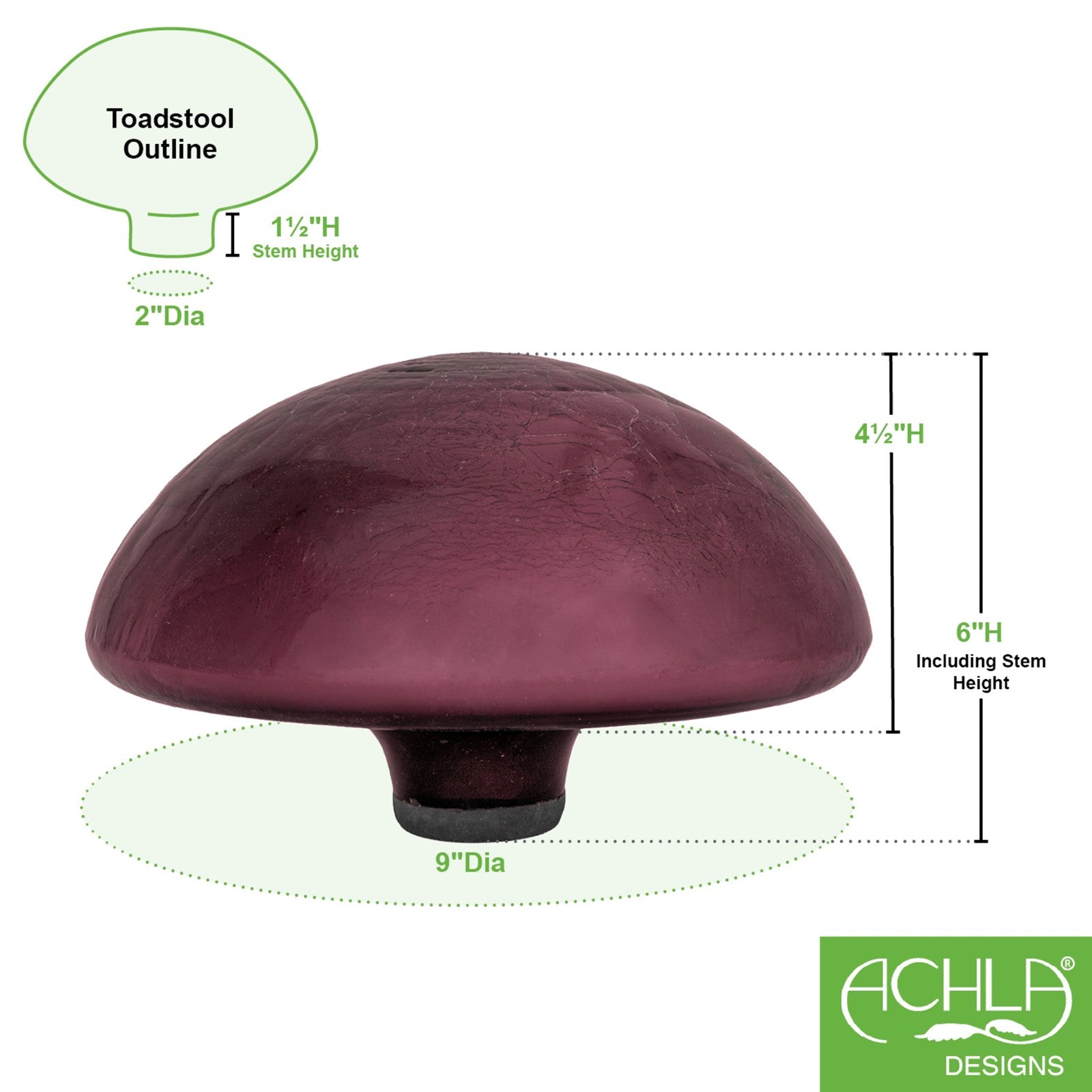 ACHLA Crackled Plum Garden Toadstool | Hand-Blown Glass Outdoor Ornament | Patio & Garden Decor | 9 x 9 x 5.5 in | Model TS-PL-C