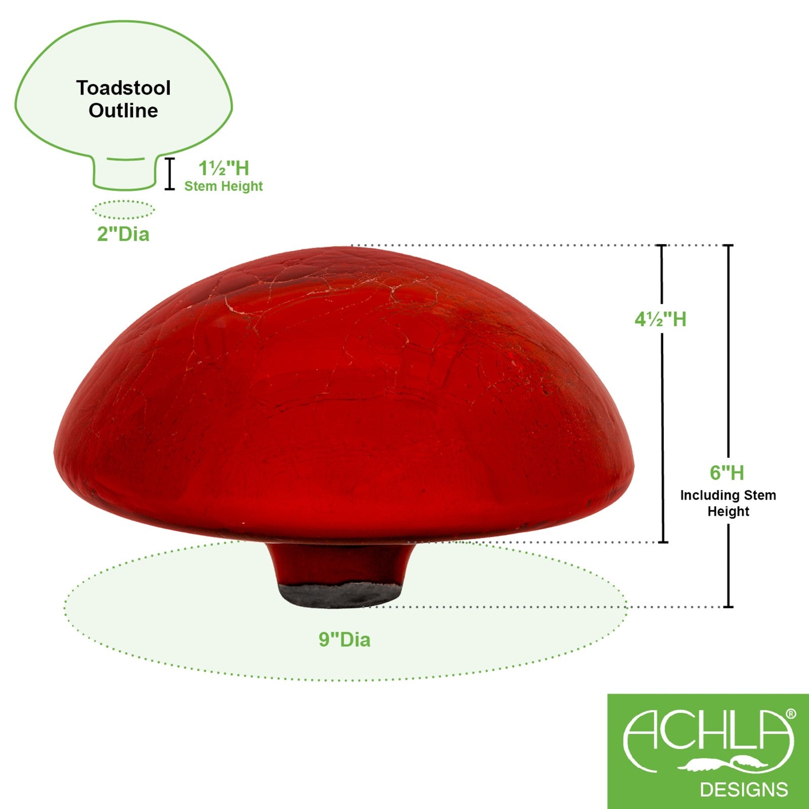 ACHLA Toad Stool Red Crackle Glass | Hand-Blown Crackled Glass Garden Ornament | Patio & Garden Accent | 9 x 9 x 5.5 in | Model TS-RD-C