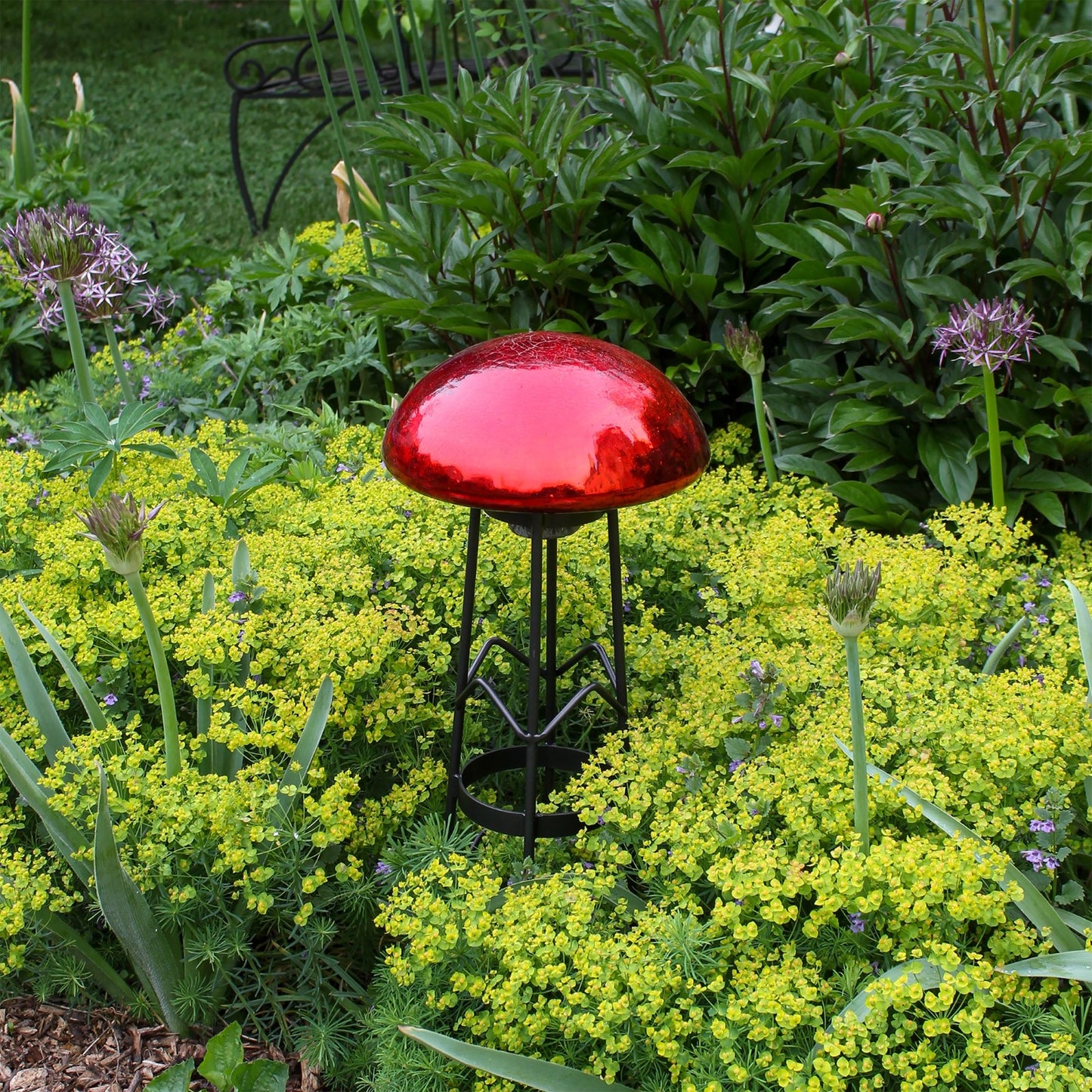 ACHLA Toad Stool Red Crackle Glass | Hand-Blown Crackled Glass Garden Ornament | Patio & Garden Accent | 9 x 9 x 5.5 in | Model TS-RD-C