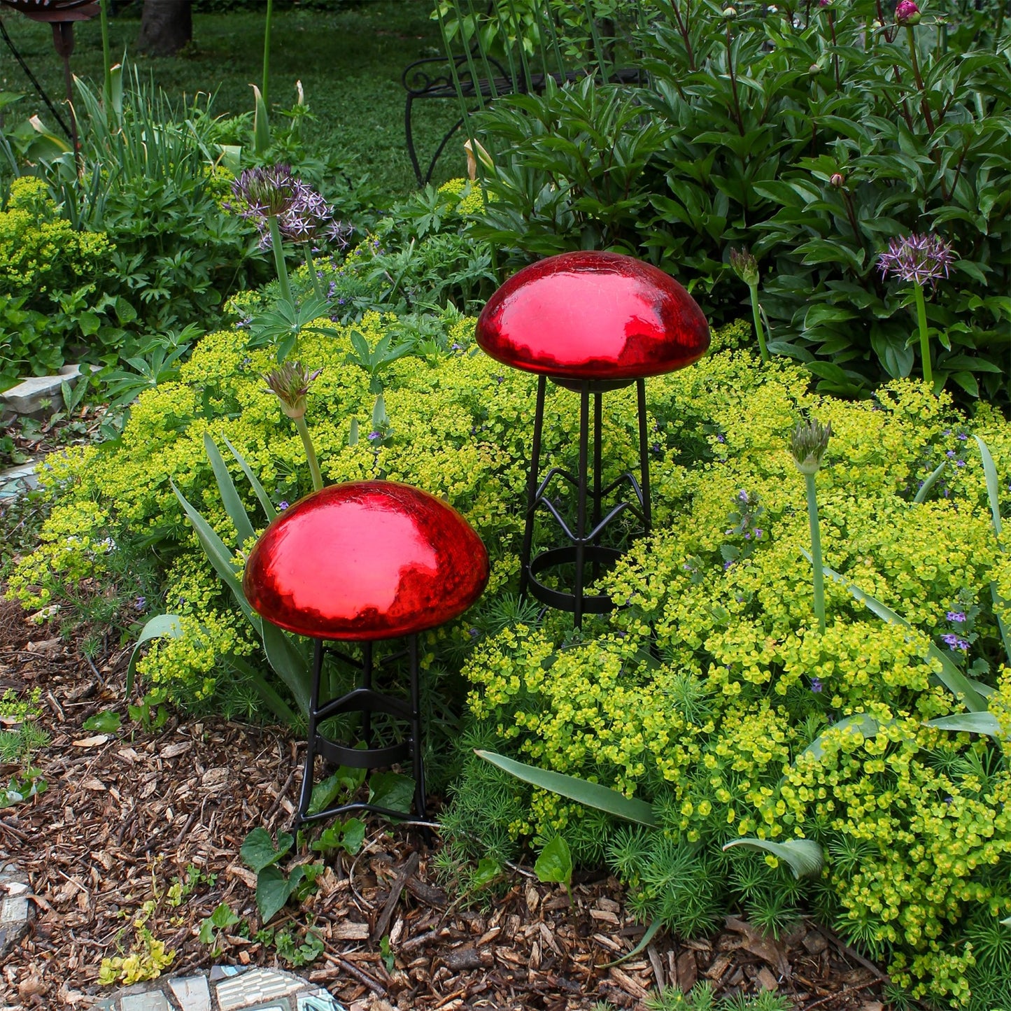 ACHLA Toad Stool Red Crackle Glass | Hand-Blown Crackled Glass Garden Ornament | Patio & Garden Accent | 9 x 9 x 5.5 in | Model TS-RD-C