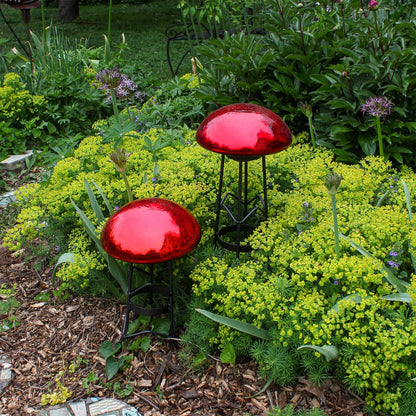 ACHLA Toad Stool Red Crackle Glass | Hand-Blown Crackled Glass Garden Ornament | Patio & Garden Accent | 9 x 9 x 5.5 in | Model TS-RD-C