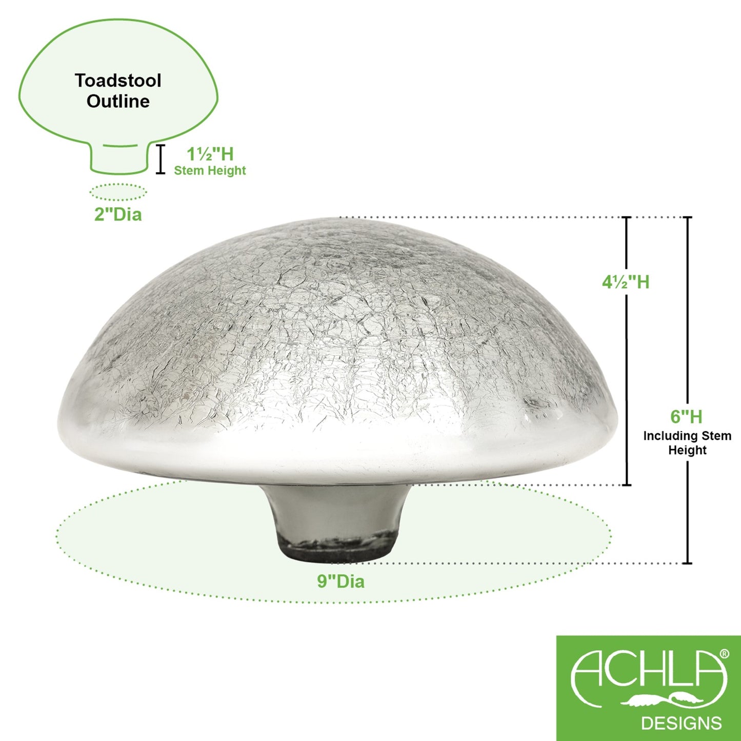 ACHLA Toad Stool Silver Crackle Glass Garden Ornament | Hand-Blown Crackled Glass | Patio & Garden Decor | 9 x 9 x 5.5 in | Model TS-S-C