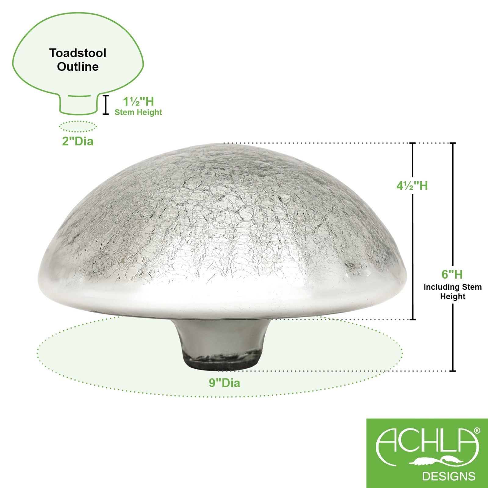 ACHLA Toad Stool Silver Crackle Glass Garden Ornament | Hand-Blown Crackled Glass | Patio & Garden Decor | 9 x 9 x 5.5 in | Model TS-S-C
