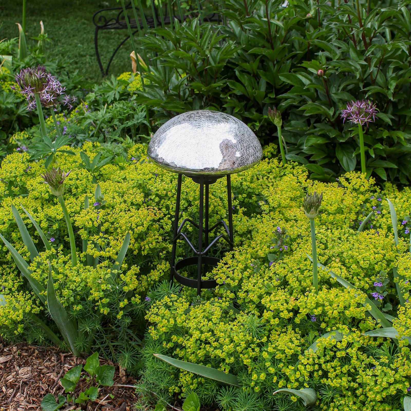 ACHLA Toad Stool Silver Crackle Glass Garden Ornament | Hand-Blown Crackled Glass | Patio & Garden Decor | 9 x 9 x 5.5 in | Model TS-S-C