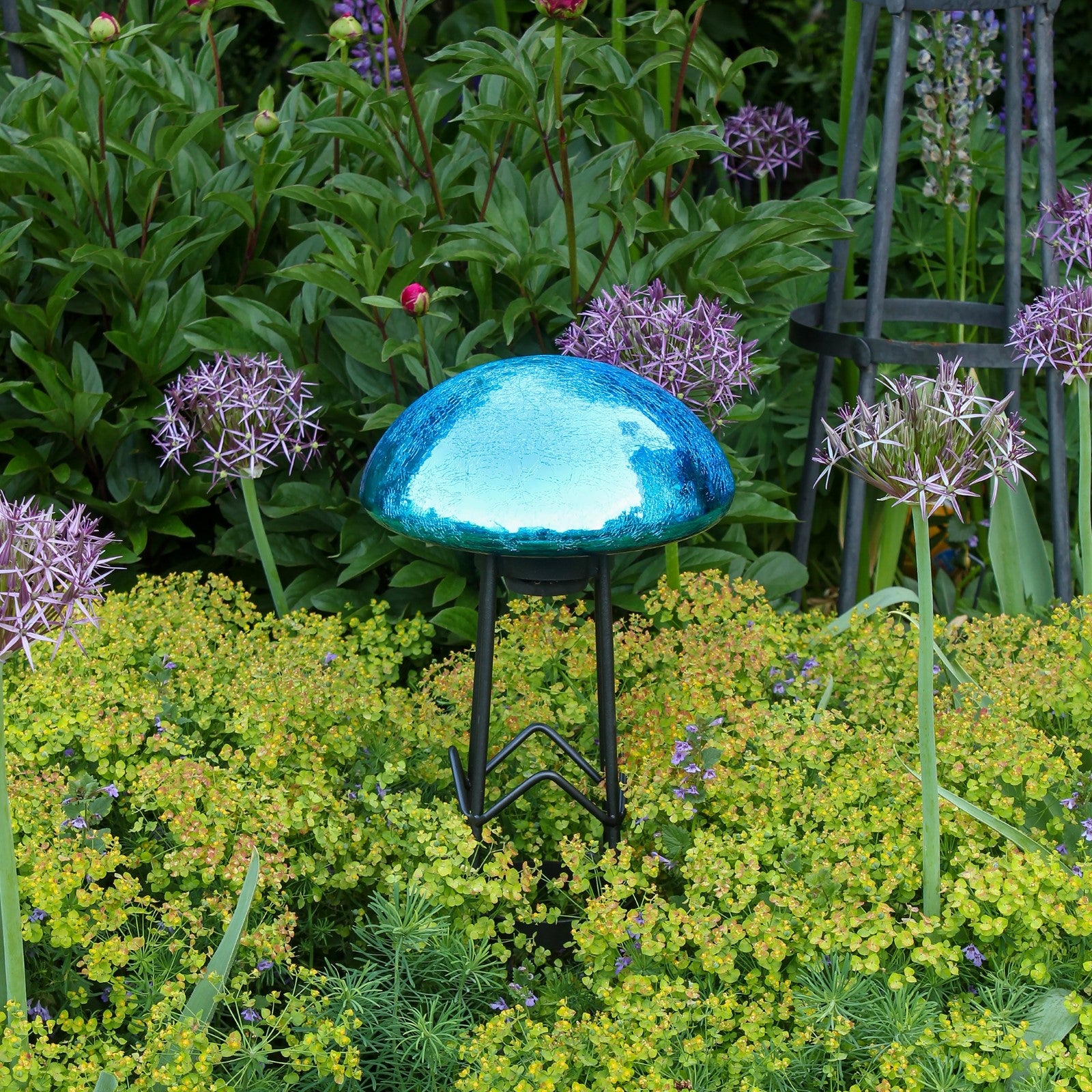 ACHLA Toad Stool Teal Crackle Glass | Hand-Blown Garden Ornament | Patio & Garden Accent | 9 x 9 x 5.5 in | Model TS-T-C