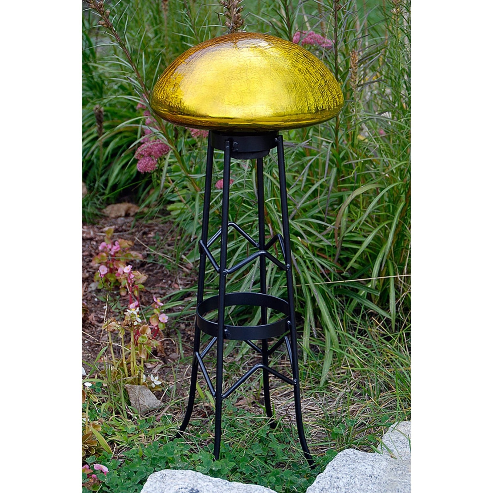 ACHLA Toad Stool Yellow Crackle Glass Garden Ornament | Hand-Blown Glass | Patio & Garden Decor | 9 x 9 x 5.5 in | Model TS-Y-C
