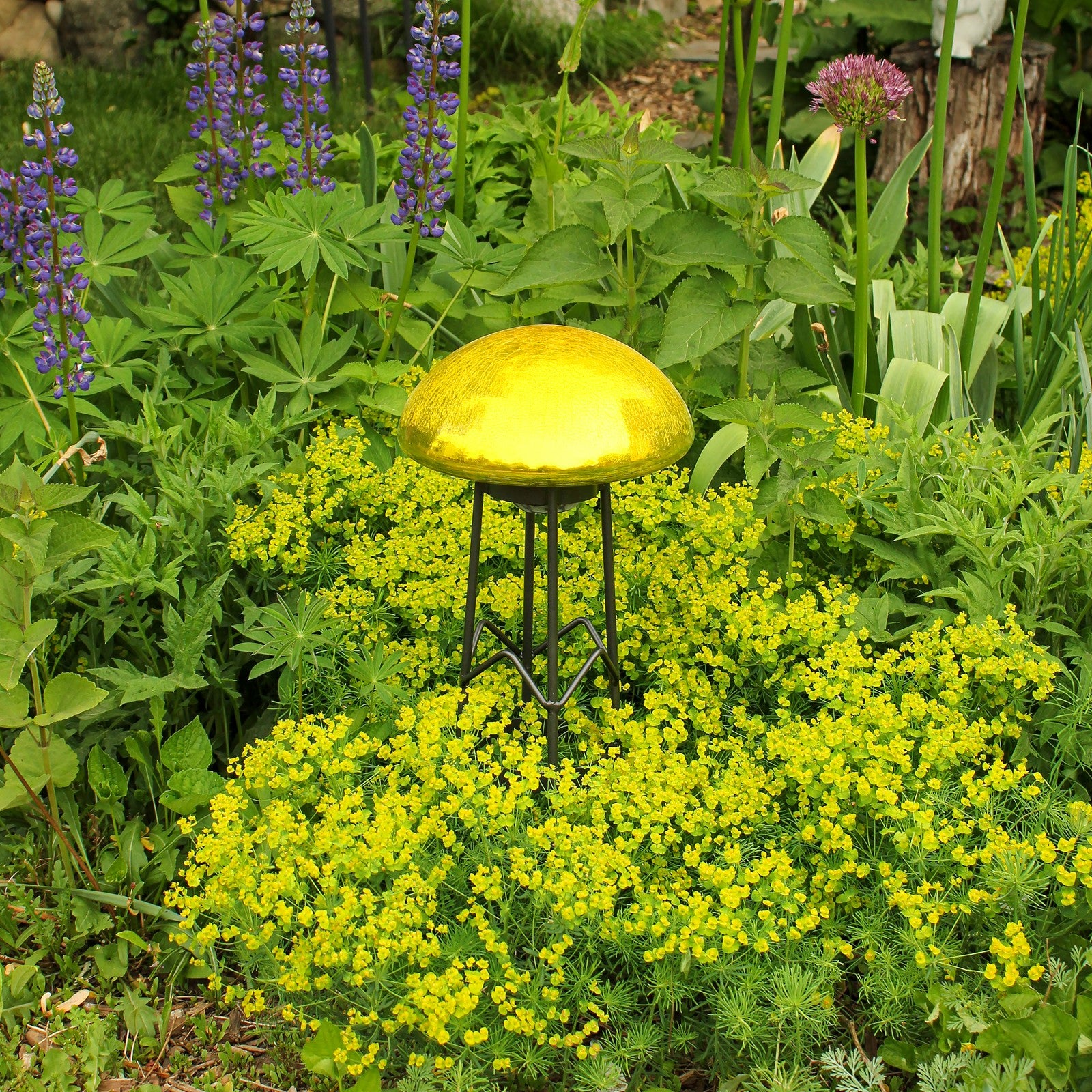 ACHLA Toad Stool Yellow Crackle Glass Garden Ornament | Hand-Blown Glass | Patio & Garden Decor | 9 x 9 x 5.5 in | Model TS-Y-C