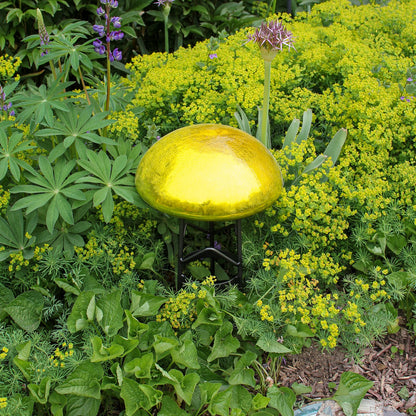 ACHLA Toad Stool Yellow Crackle Glass Garden Ornament | Hand-Blown Glass | Patio & Garden Decor | 9 x 9 x 5.5 in | Model TS-Y-C
