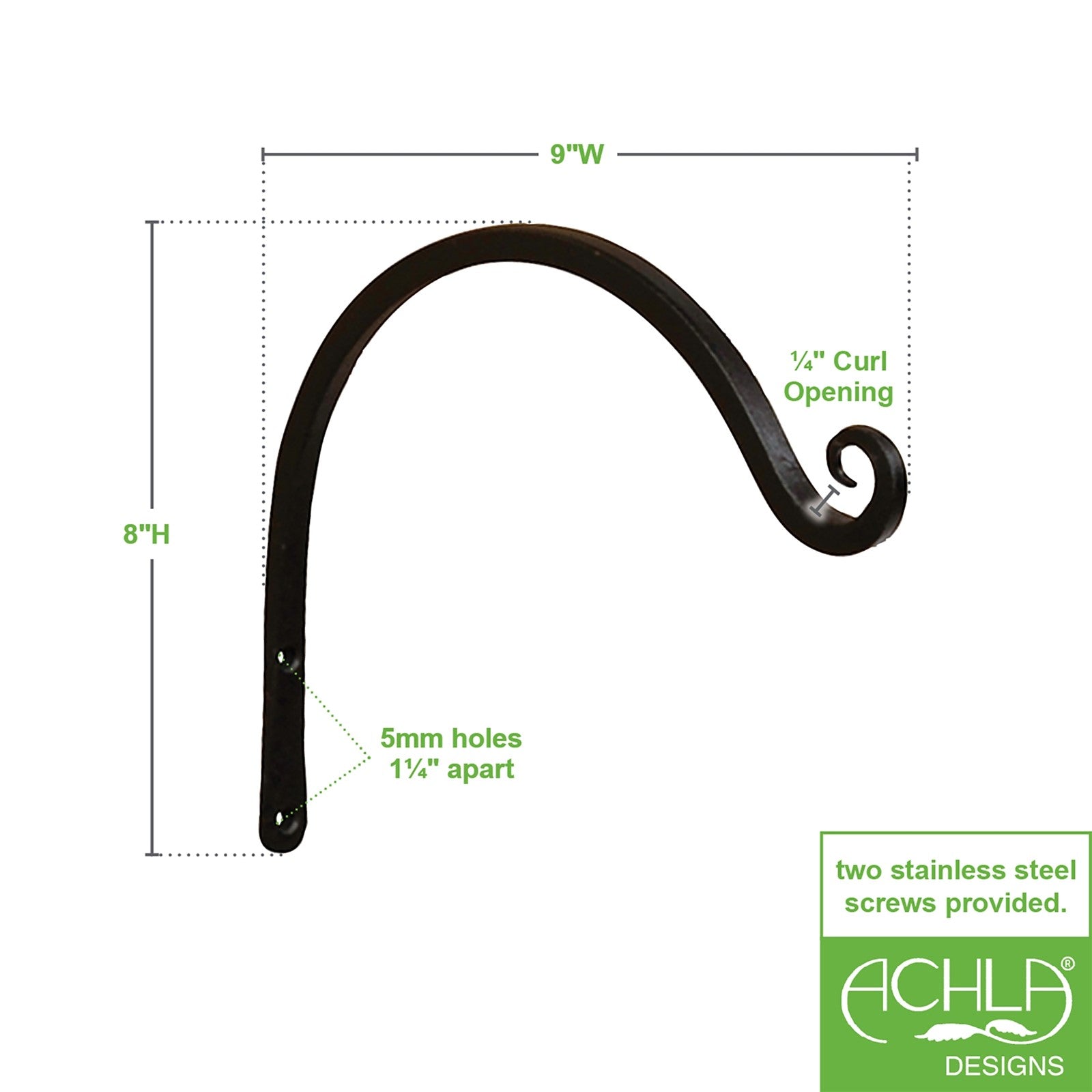 ACHLA 8in Upcurled Bracket 2-Pack | Wrought Iron Black Powdercoat Wall Hooks | Garden & Patio Hanging Bracket | 0.5 x 6 x 10.5 in | Model TSH-04-2