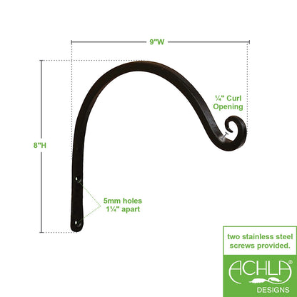 ACHLA 8in Upcurled Bracket 2-Pack | Wrought Iron Black Powdercoat Wall Hooks | Garden & Patio Hanging Bracket | 0.5 x 6 x 10.5 in | Model TSH-04-2