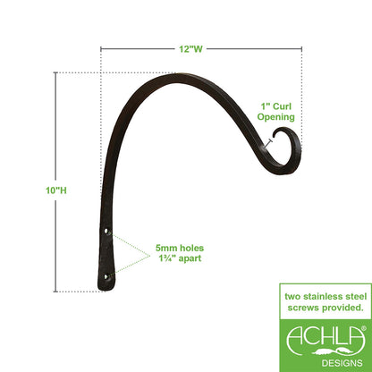ACHLA 12in Upcurled Bracket 2-Pack | Black Wrought Iron Wall Hook | Outdoor & Indoor Hanging for Lanterns & Planters | Model TSH-05-2