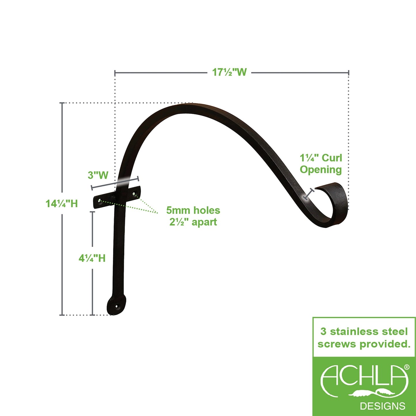 ACHLA 18in Upcurled Bracket 2-Pack | Wrought Iron Black Powdercoat | Outdoor Wall Hook for Lanterns & Planters | 21 x 3 x 9 in | Model TSH-06-2