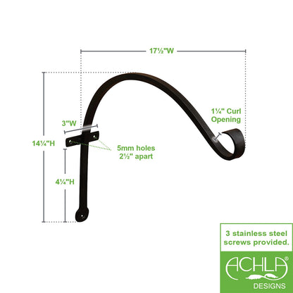 ACHLA 18in Upcurled Bracket 2-Pack | Wrought Iron Black Powdercoat | Outdoor Wall Hook for Lanterns & Planters | 21 x 3 x 9 in | Model TSH-06-2