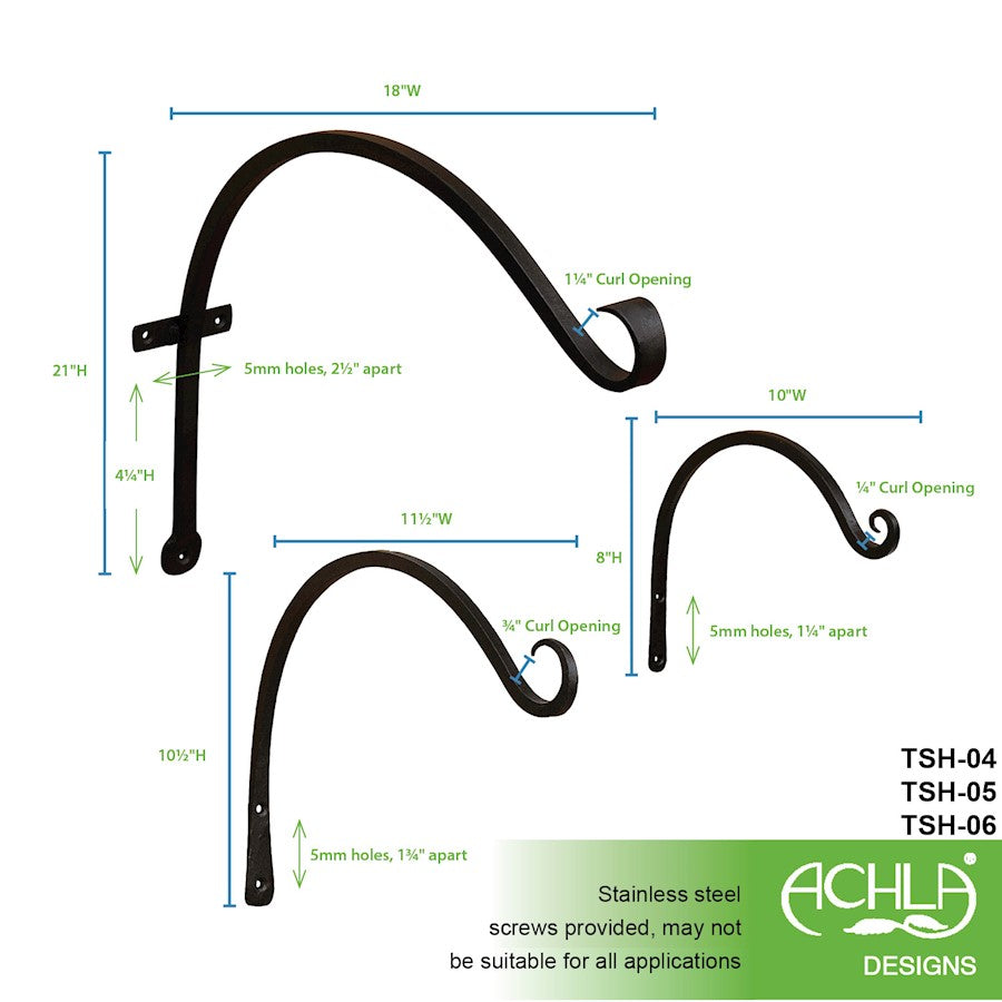 ACHLA 18in Upcurled Bracket 2-Pack | Wrought Iron Black Powdercoat | Outdoor Wall Hook for Lanterns & Planters | 21 x 3 x 9 in | Model TSH-06-2