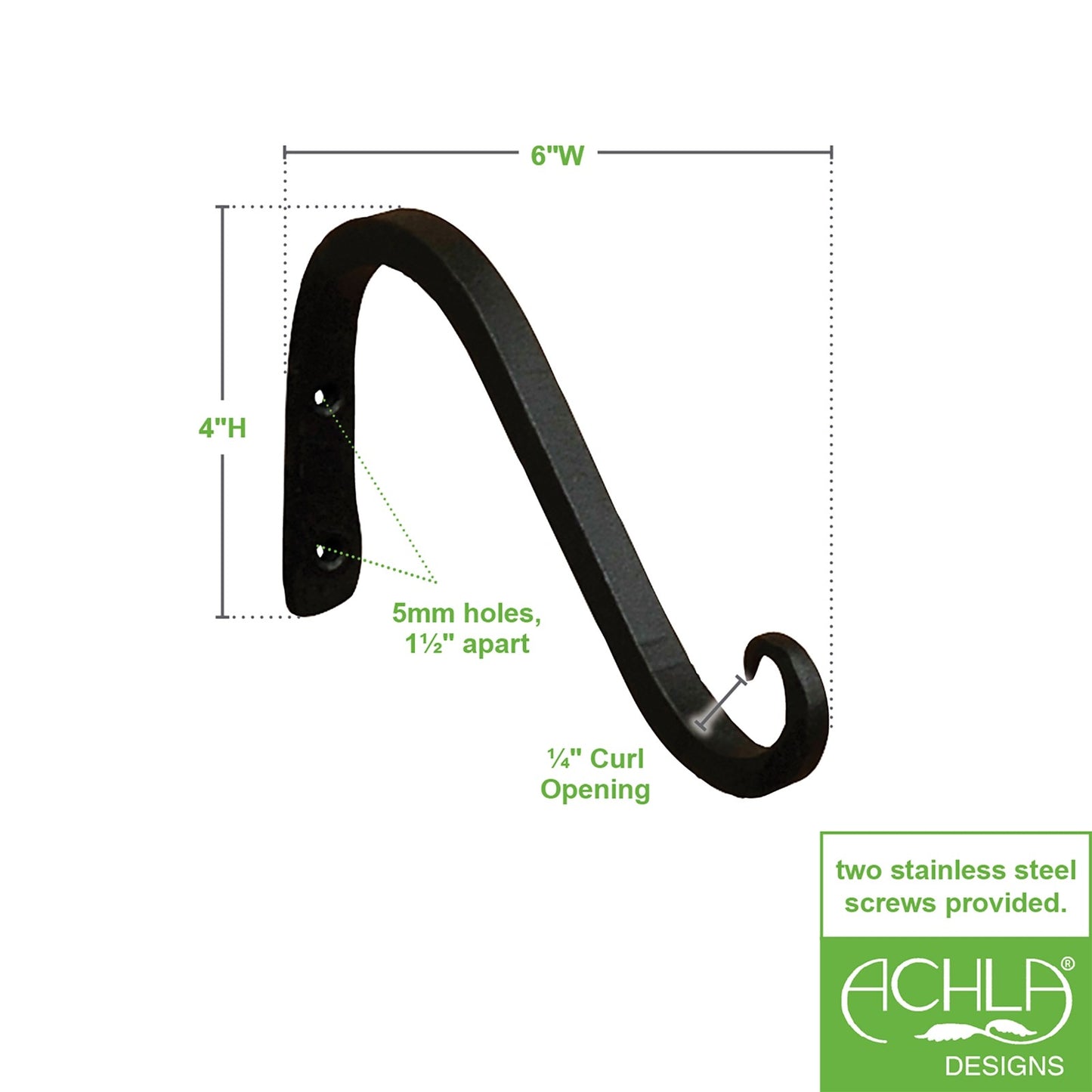 ACHLA 6in Angled Upcurled Bracket 2-Pack | Wrought Iron Black Powdercoat | Outdoor Wall Hook for Planters & Lanterns | 6 x 4 x 0.5 in | Model TSH-07-2