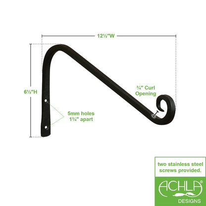 ACHLA 12in Angled Upcurled Bracket 2-Pack | Black Powdercoat Wrought Iron | Outdoor Wall Hook for Lanterns, Planters & Bird Feeders | Model TSH-08-2