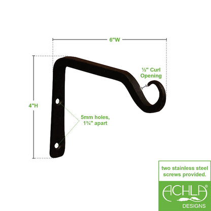 ACHLA Straight Upcurled Wall Bracket Hook 2-Pack | Wrought Iron Black Powdercoat | Indoor & Outdoor Hanging | 0.5 x 4 x 6 in | Model TSH-09-2