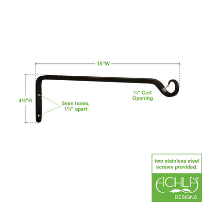ACHLA 15in Straight Upcurled Bracket 2-Pack | Black Powdercoat Wrought Iron Wall Hook | Outdoor Planter & Lantern Hanger | Model TSH-10-2