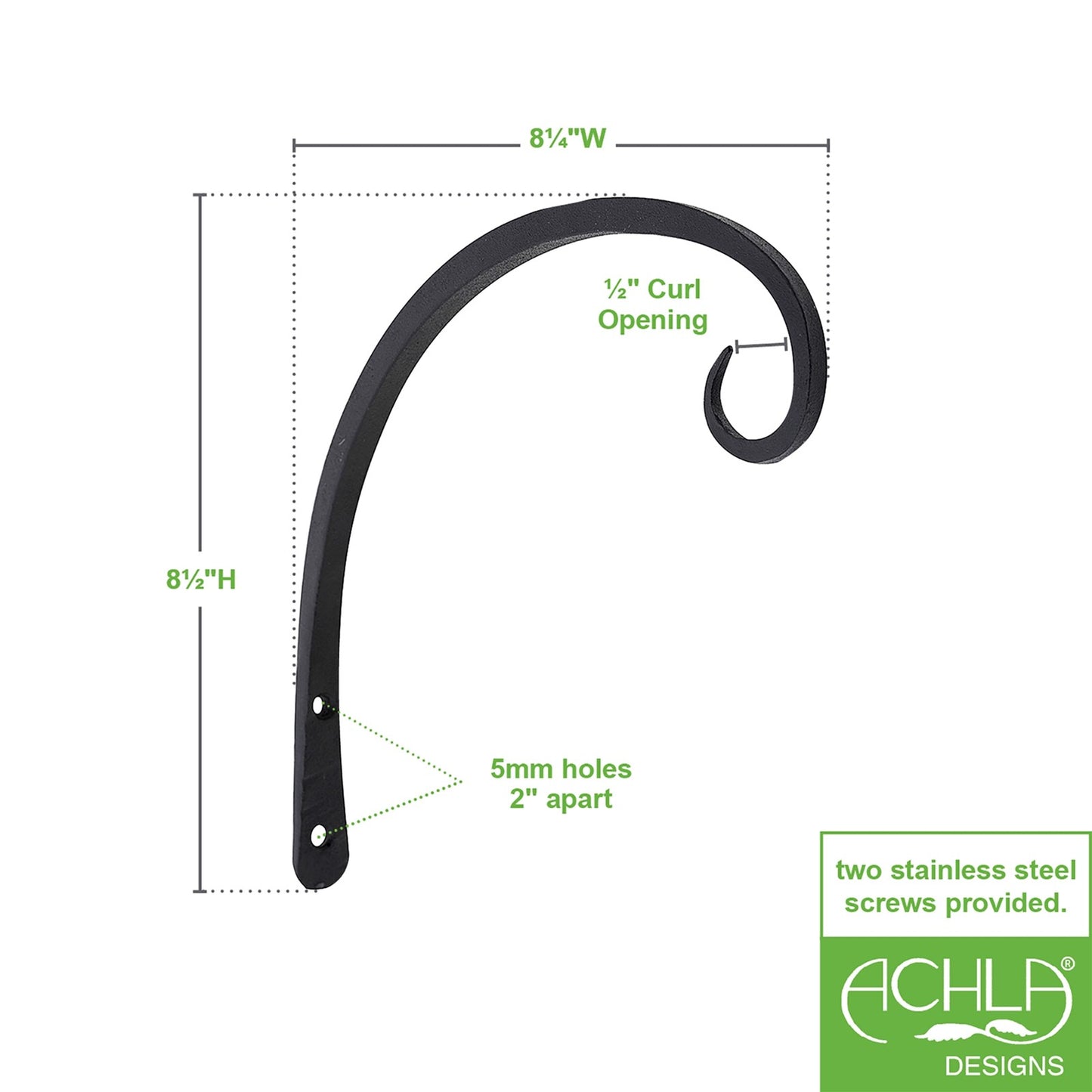 ACHLA 9in Downcurled Bracket 2-Pack | Wrought Iron Black Powdercoat Wall Hook | Outdoor Lantern & Planter Hanger | 0.5 x 6 x 10 in | Model TSH-11-2