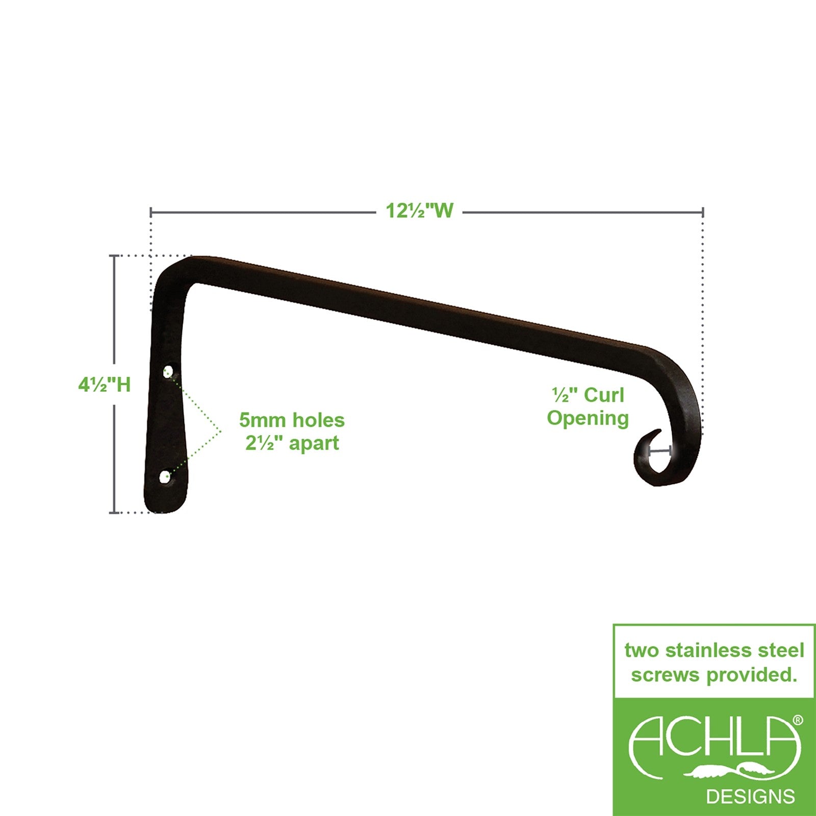 ACHLA 12in Straight Downcurled Bracket 2-Pack | Wrought Iron Black Powdercoat Wall Hook | Outdoor Lanterns, Planters & Bird Feeders | Model TSH-12-2