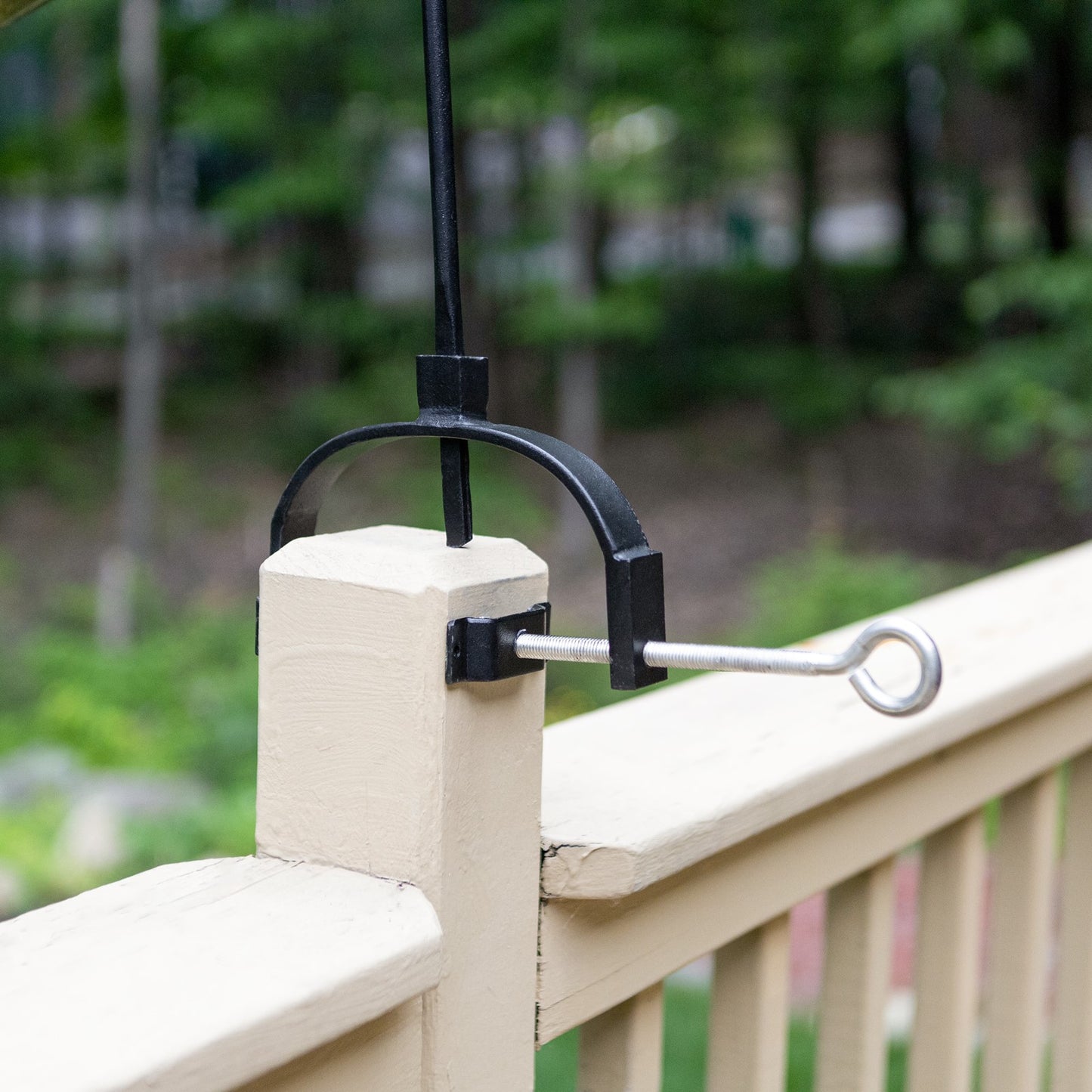 ACHLA Shepherd's Hook with Over Railing Bracket | Wrought Iron Black Powdercoat | Porch & Deck for Birdfeeders, Lanterns, String Lights | Model TSW-03