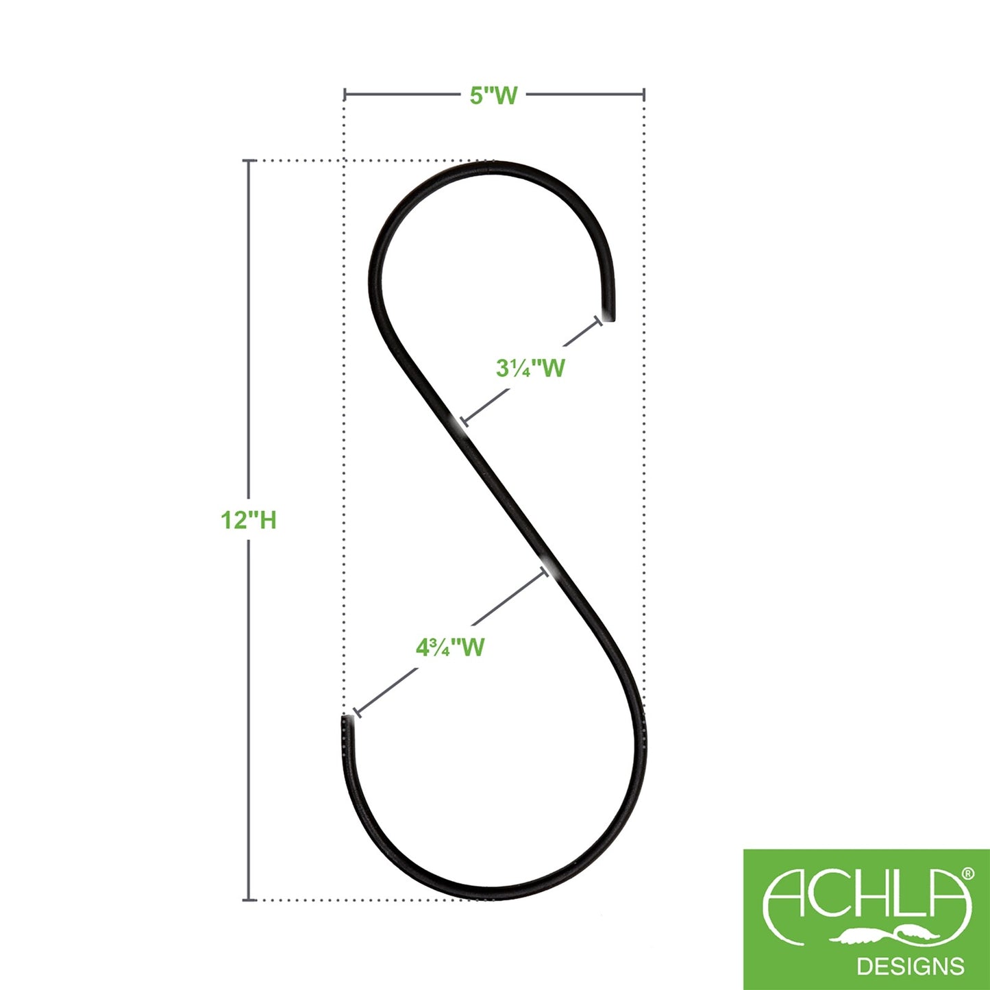 ACHLA 12in S-Hanger Hook 2-Pack | Black Powdercoat Wrought Iron | Outdoor Planter & Bird Feeder Hanger | 12 x 6 x 0.25 in | Model TSW-11-2