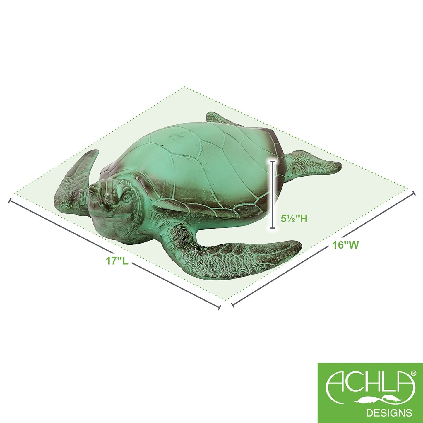 ACHLA Sea Turtle Garden Ornament | Green Patina Aluminum | Patio & Garden Decor | 16.5 x 15.5 x 5.5 in | Model TUR-01