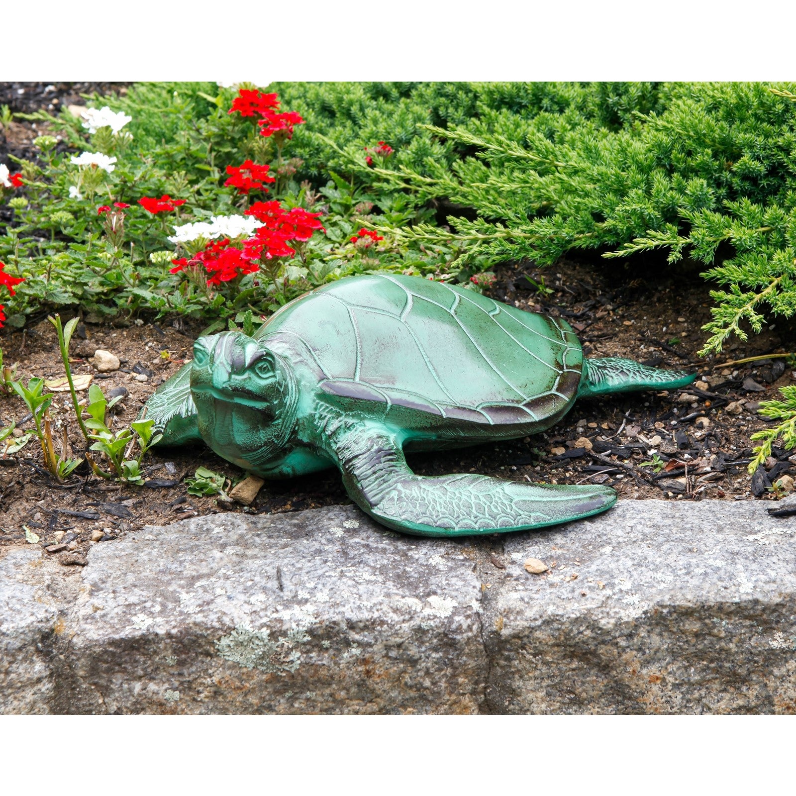 ACHLA Sea Turtle Garden Ornament | Green Patina Aluminum | Patio & Garden Decor | 16.5 x 15.5 x 5.5 in | Model TUR-01