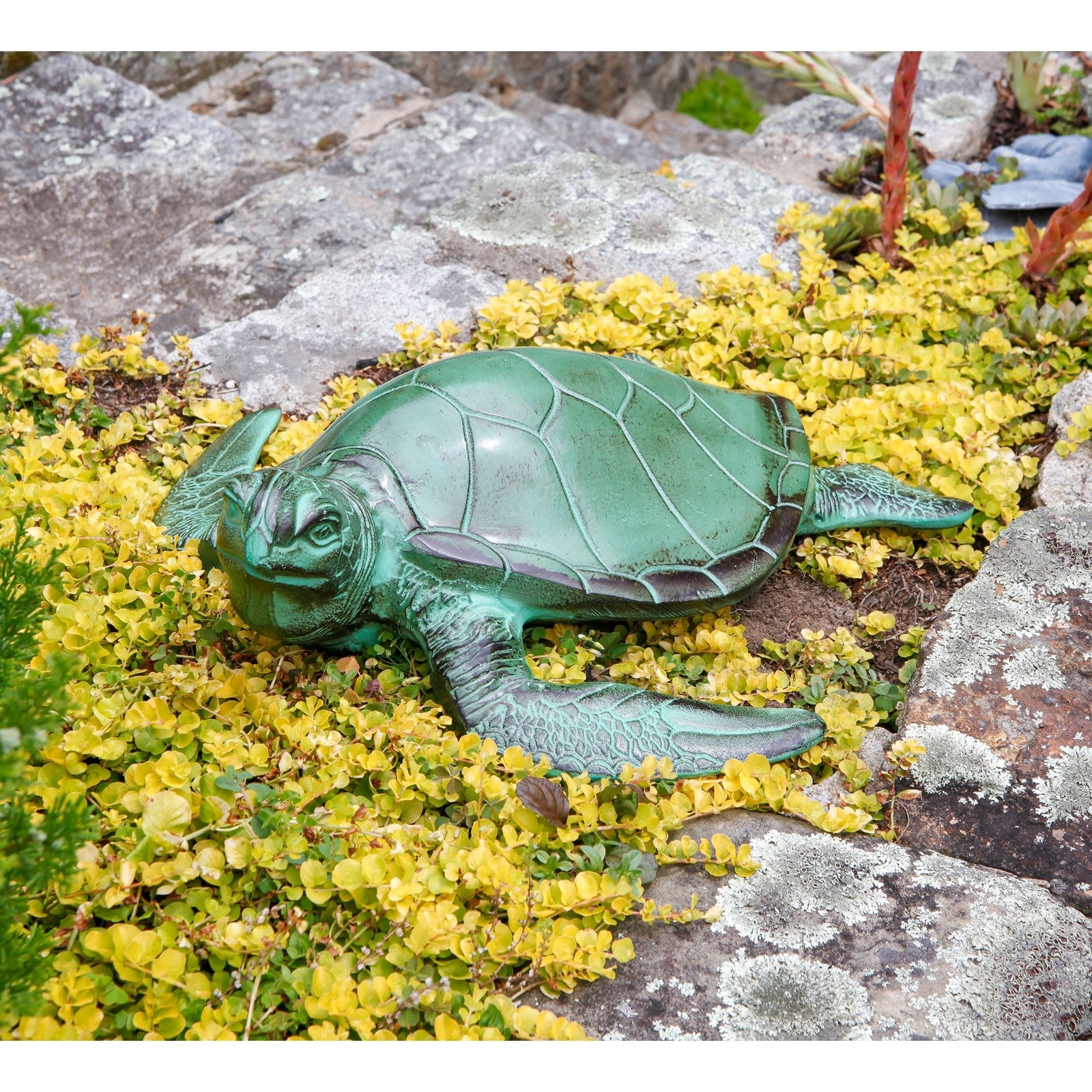 ACHLA Sea Turtle Garden Ornament | Green Patina Aluminum | Patio & Garden Decor | 16.5 x 15.5 x 5.5 in | Model TUR-01