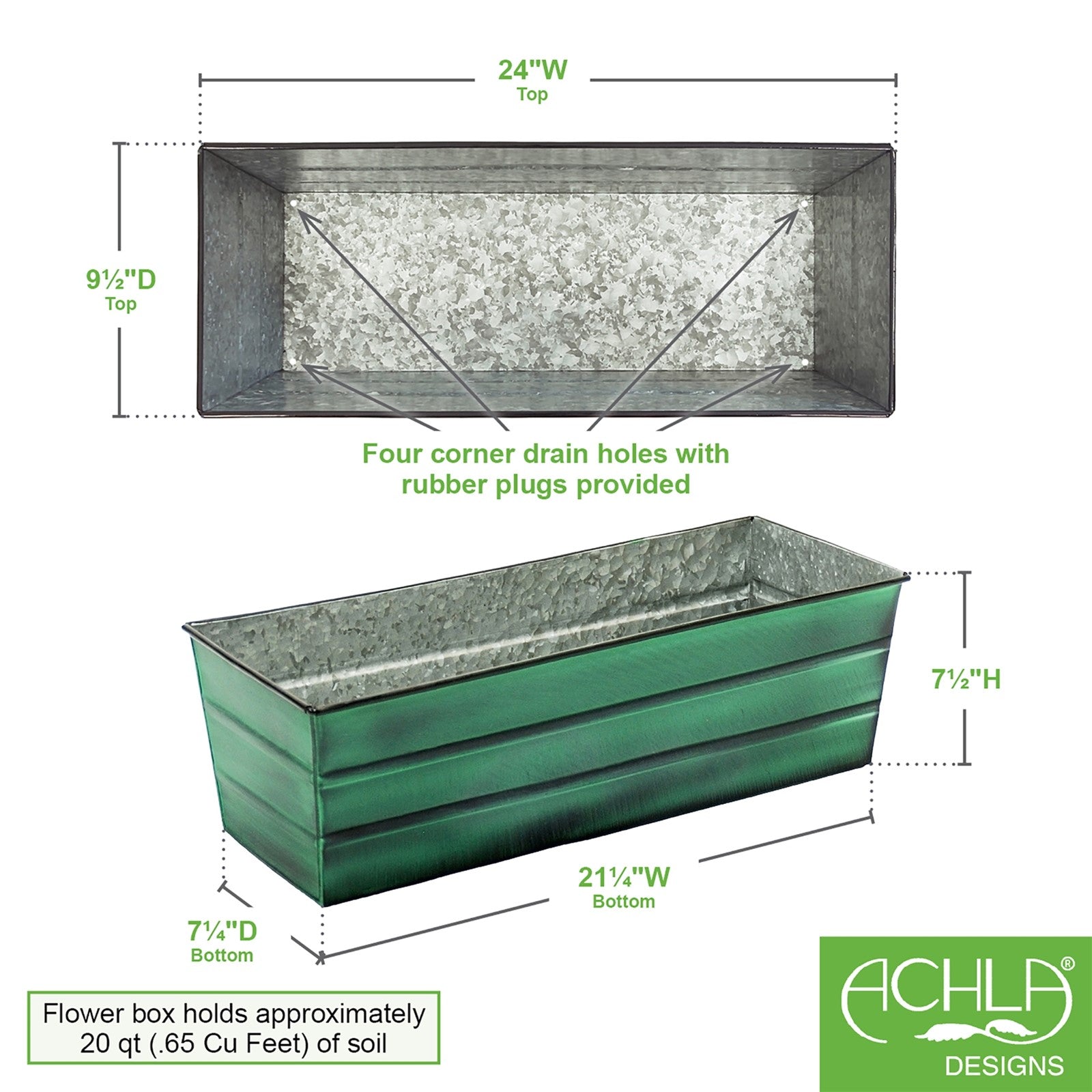 ACHLA Williamsburg Galvanized Tin Window Box Standard 24in | Verdigris Green Powder Coated Metal | Outdoor & Covered Porch Planter | Model VFB-05