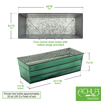 ACHLA Williamsburg Galvanized Tin Window Box Standard 24in | Verdigris Green Powder Coated Metal | Outdoor & Covered Porch Planter | Model VFB-05